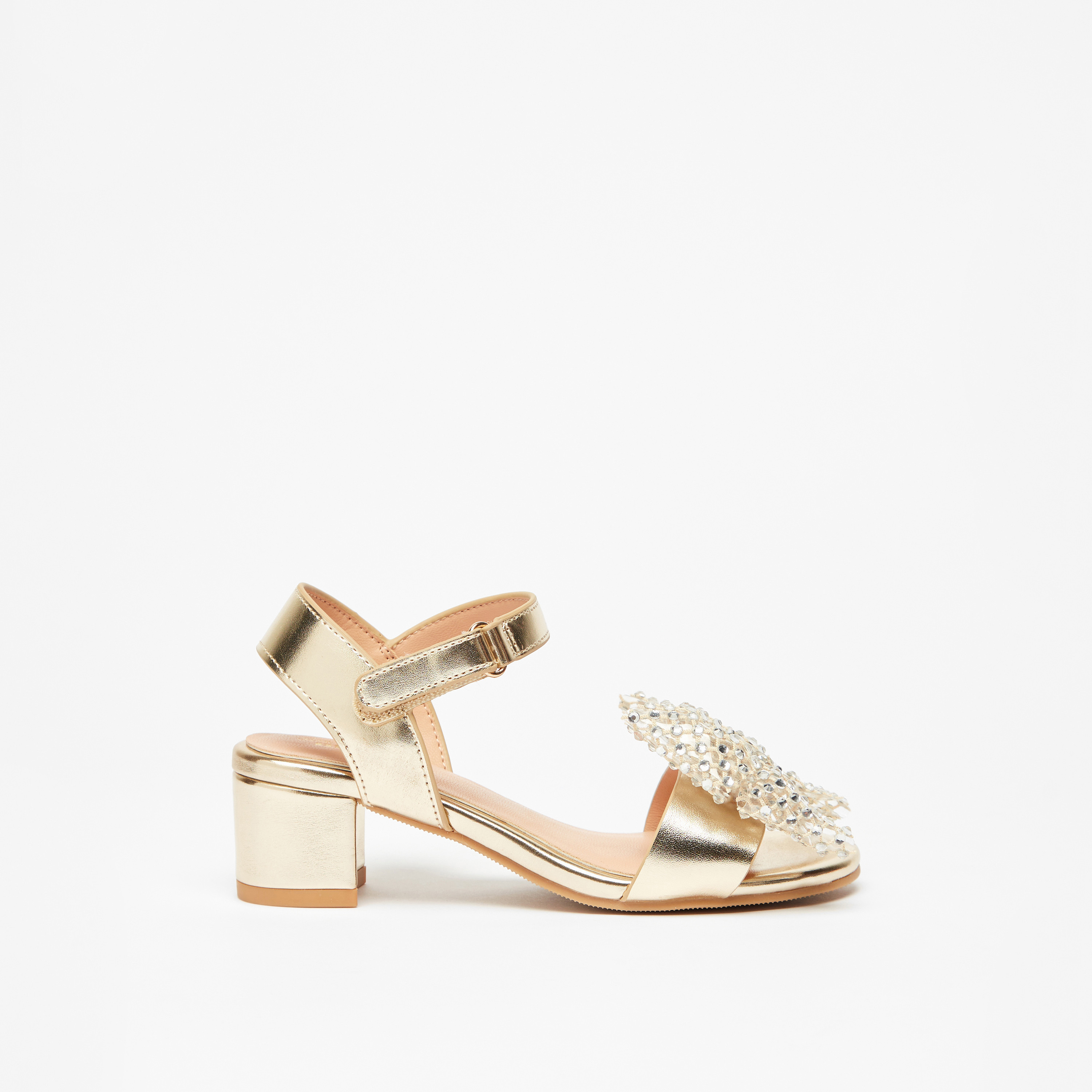 Little Missy Embellished Bow Block Heel Sandals with Hook and Loop Closure-girls-shoes-sandals-image-1