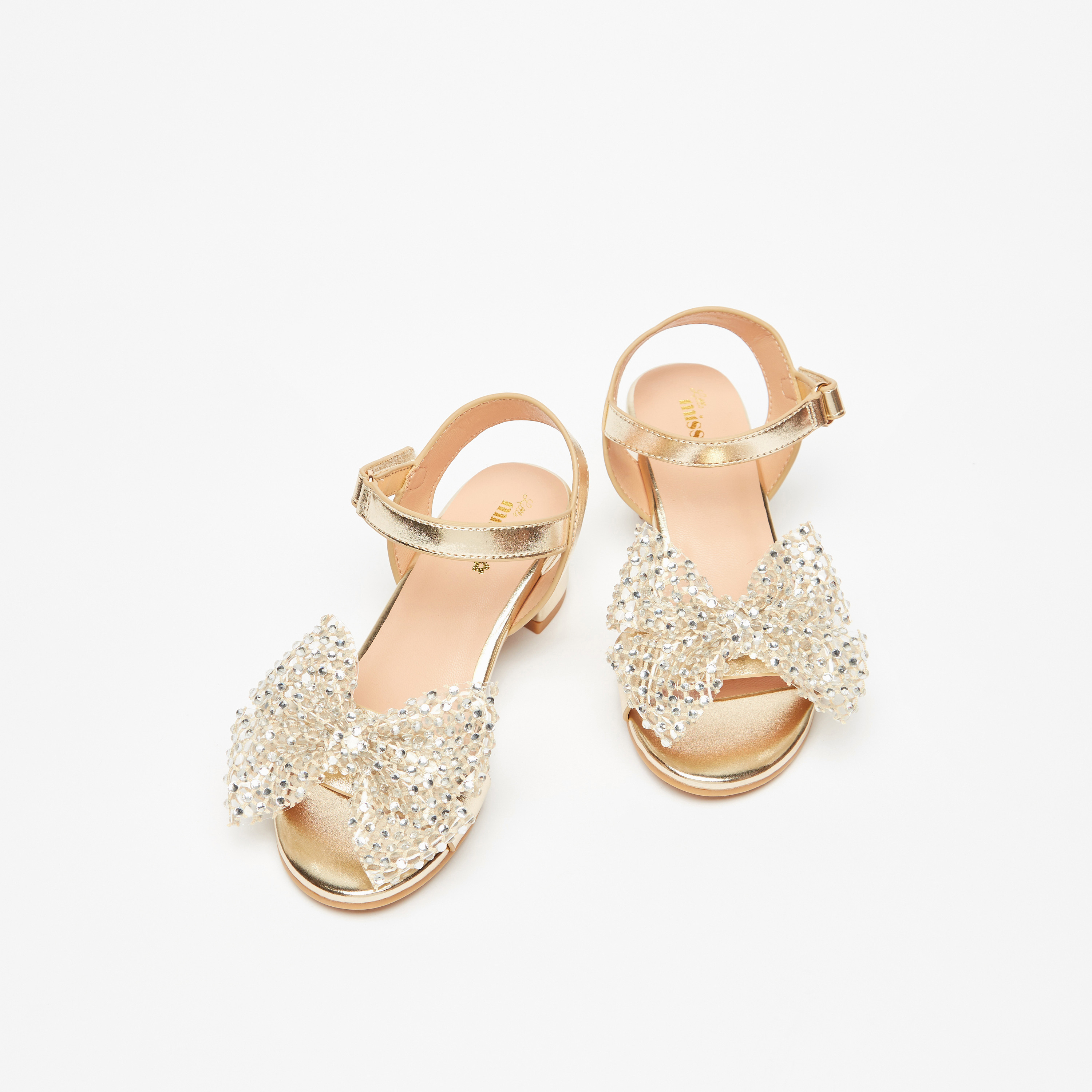Little Missy Embellished Bow Block Heel Sandals with Hook and Loop Closure-girls-shoes-sandals-image-2