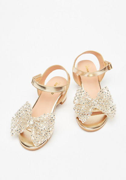Little Missy Embellished Bow Block Heel Sandals with Hook and Loop Closure