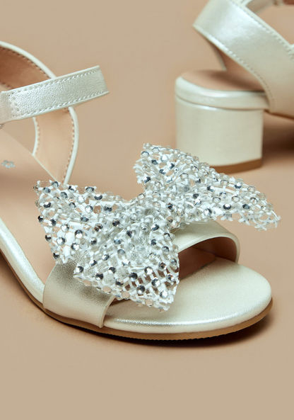 Little Missy Embellished Bow Block Heel Sandals with Hook and Loop Closure