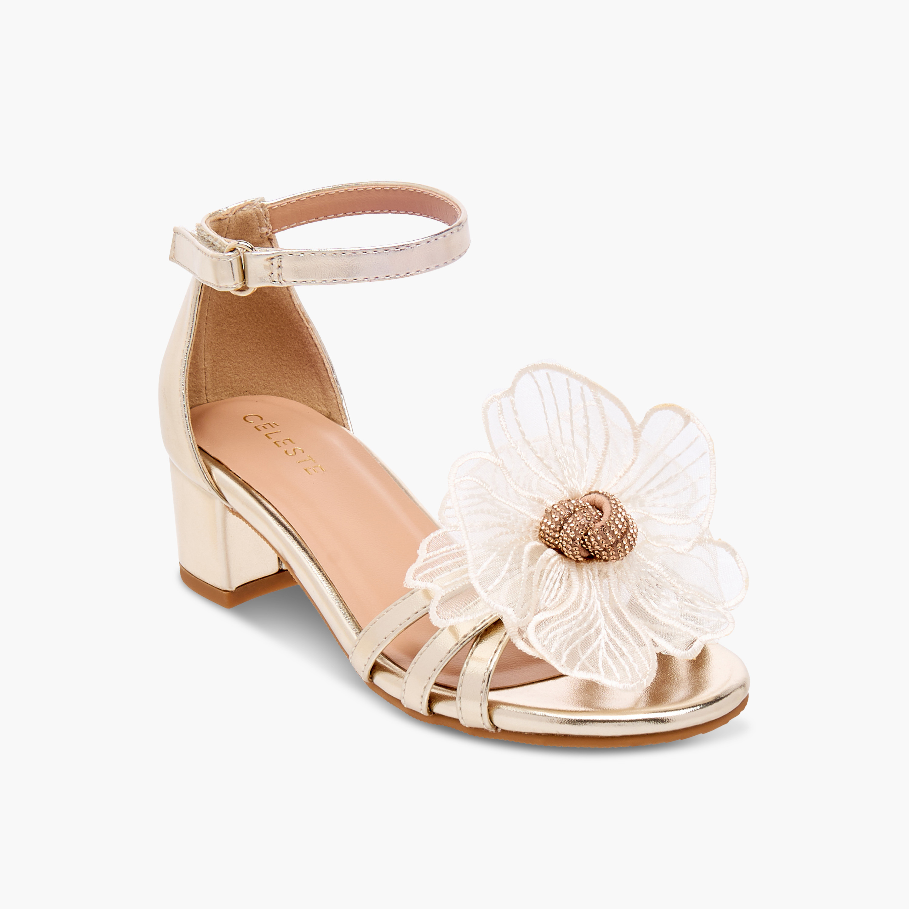 Celeste Girls' Flower Applique Sandals with Block Heels-girls-shoes-sandals-image-2