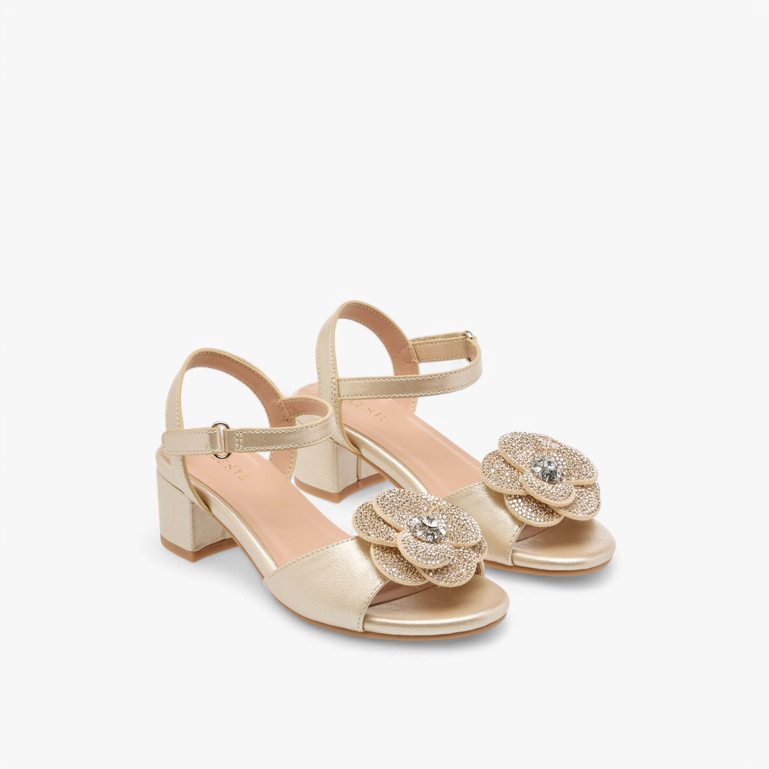 Celeste Girls Floral Accent Block Heel Sandals with Hook and Loop Closure-girls-shoes-sandals-image-1