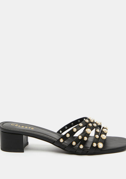 Celeste Pearl Embellished Slip-On Sandals with Block Heels-Women%27s Heel Sandals-image-0