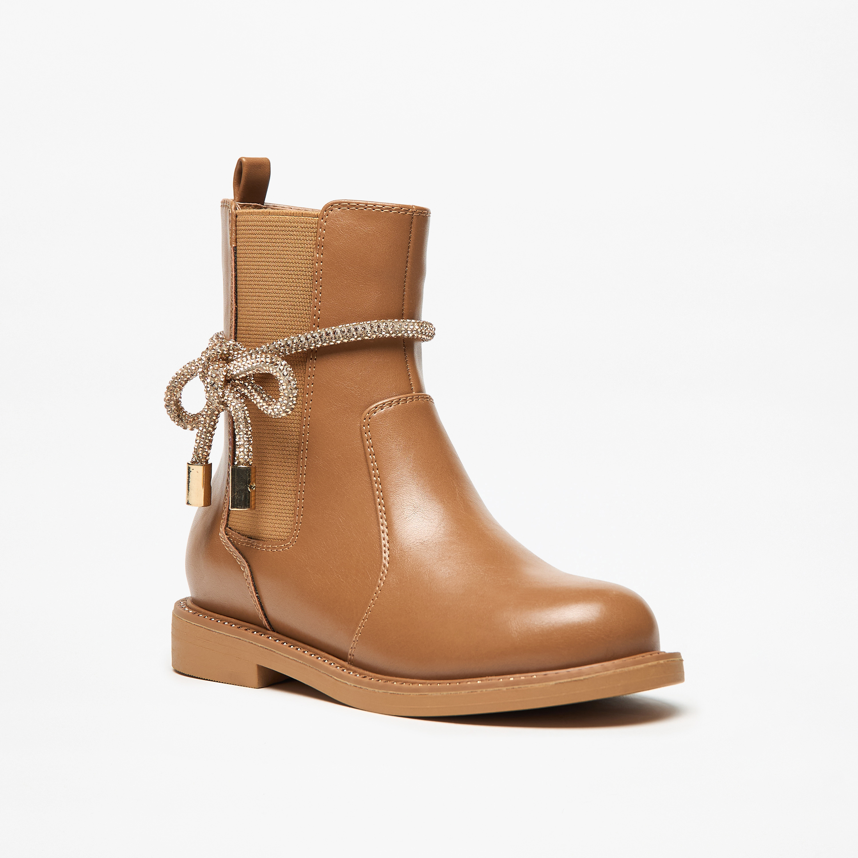 Celeste Girls' Solid Embellished Bow Detail Boots with Gusset and Zip Closure-girls-shoes-boots-image-1