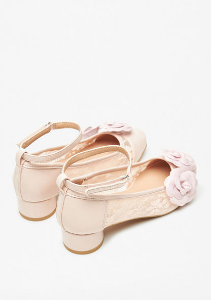 Little Missy Floral Accented Ankle Strap Ballerina Shoes with Block Heels