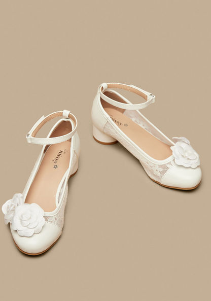Little Missy Floral Accented Ankle Strap Ballerina Shoes with Block Heels