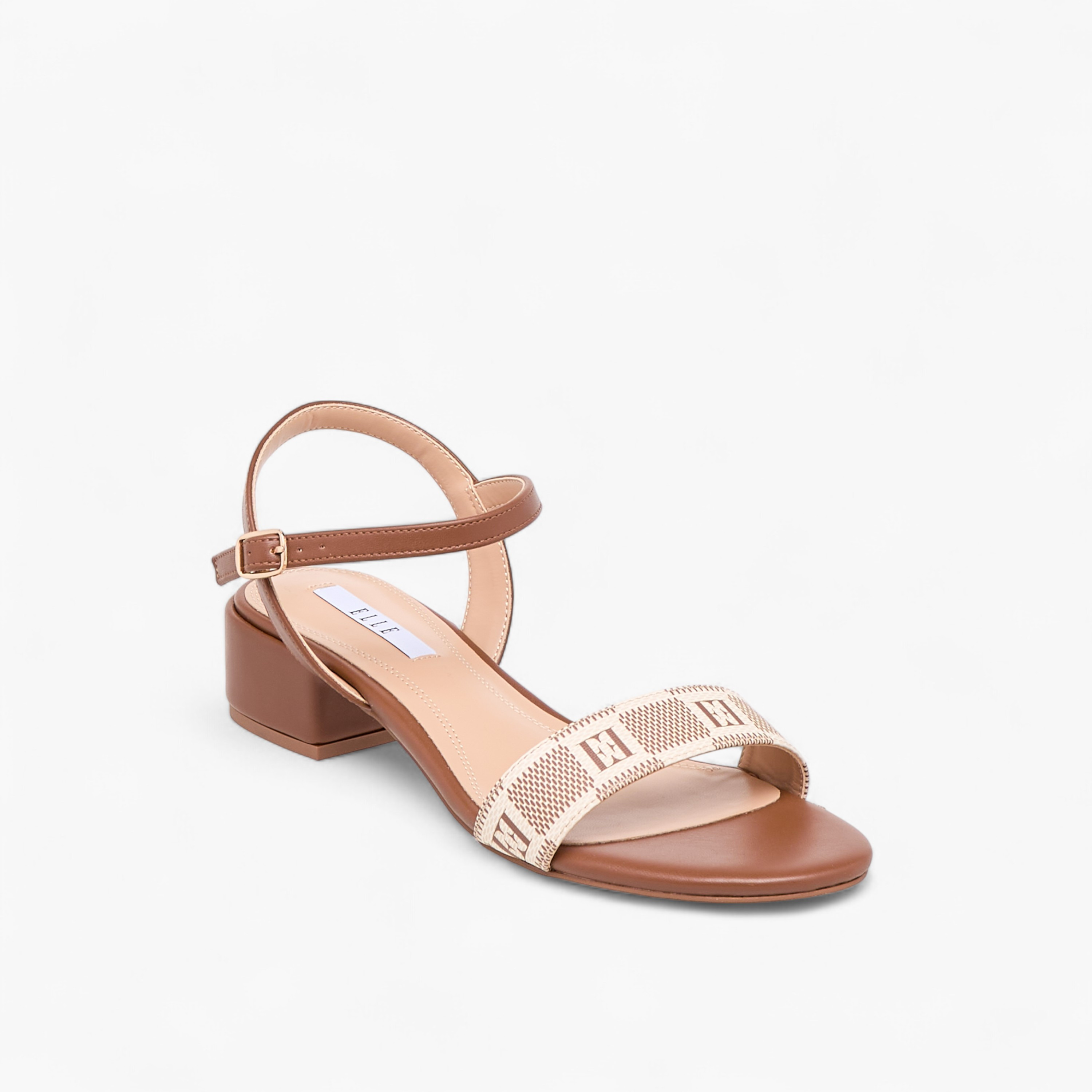 Elle Women's Damier Logo Detail Block Heel Sandals with Buckle Closure-women-shoes-sandals-heeled-image-2