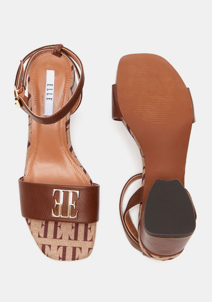 ELLE Women's Monogram Detail Block Heels with Buckle Closure-Women%27s Heel Sandals-image-4