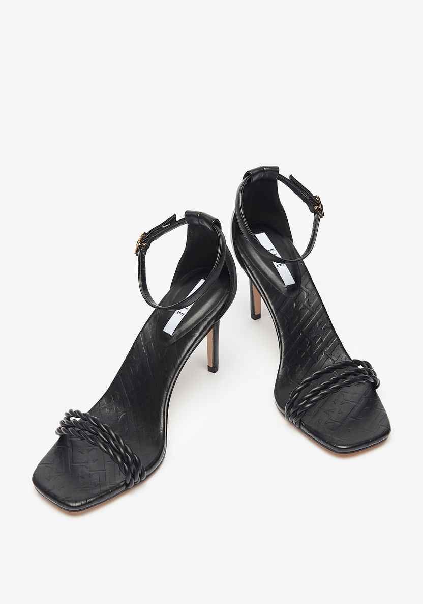 ELLE Women's Monogram Embossed Stiletto Heels with Ankle Strap Closure-Women%27s Heel Sandals-image-2
