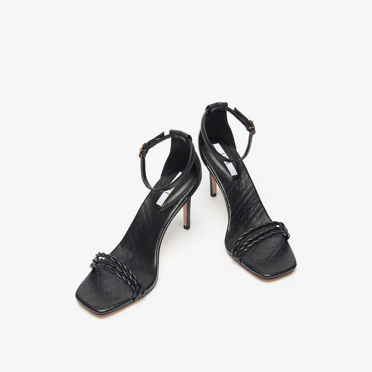 ELLE Women's Monogram Embossed Stiletto Heels with Ankle Strap Closure