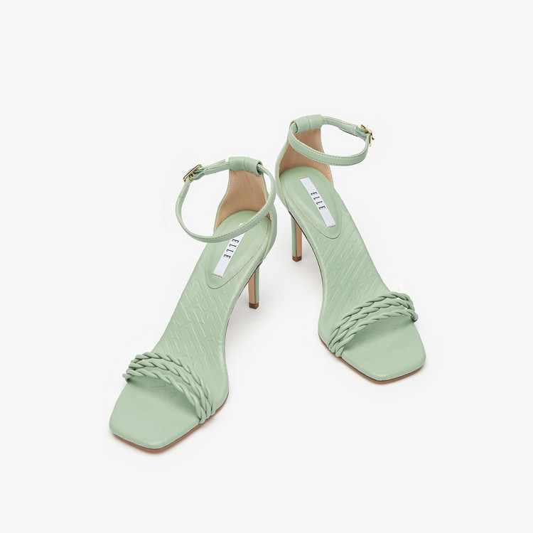 ELLE Women's Monogram Embossed Stiletto Heels with Ankle Strap Closure