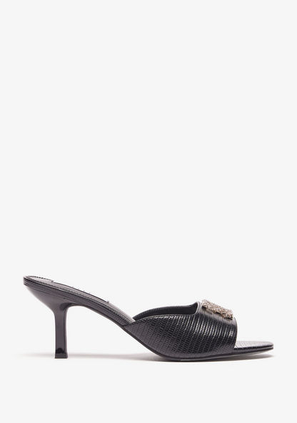 Elle Women's Textured Sandals with Embellished Metal Logo Trim and Stiletto Heels-Women%27s Heel Sandals-image-0