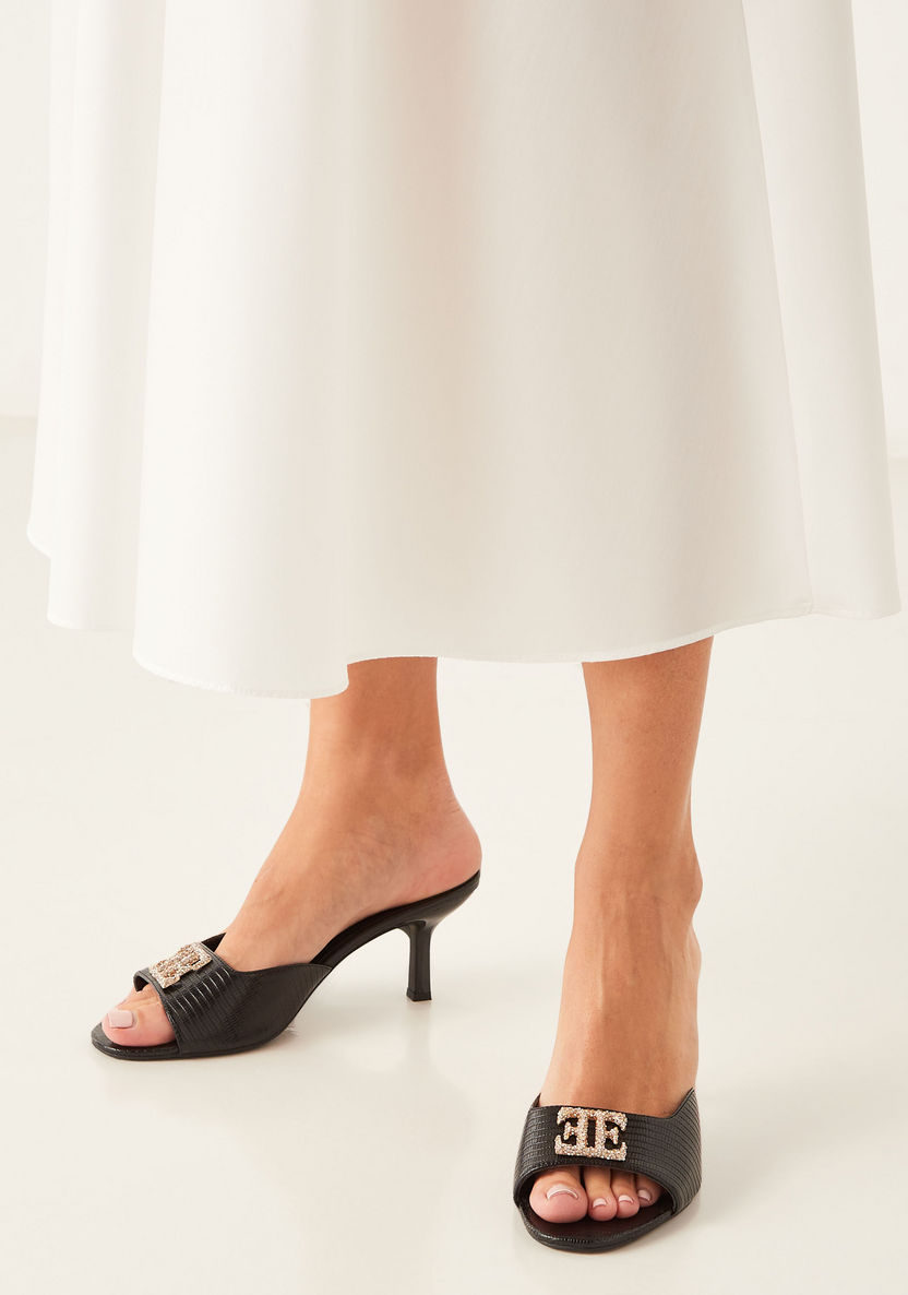 Elle Women's Textured Sandals with Embellished Metal Logo Trim and Stiletto Heels-Women%27s Heel Sandals-image-1
