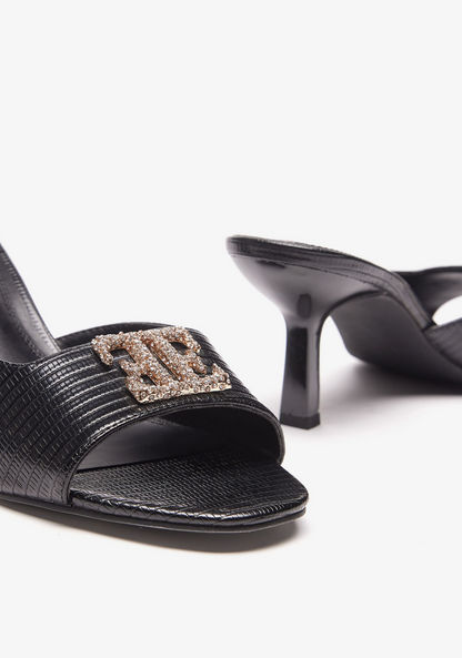 Elle Women's Textured Sandals with Embellished Metal Logo Trim and Stiletto Heels