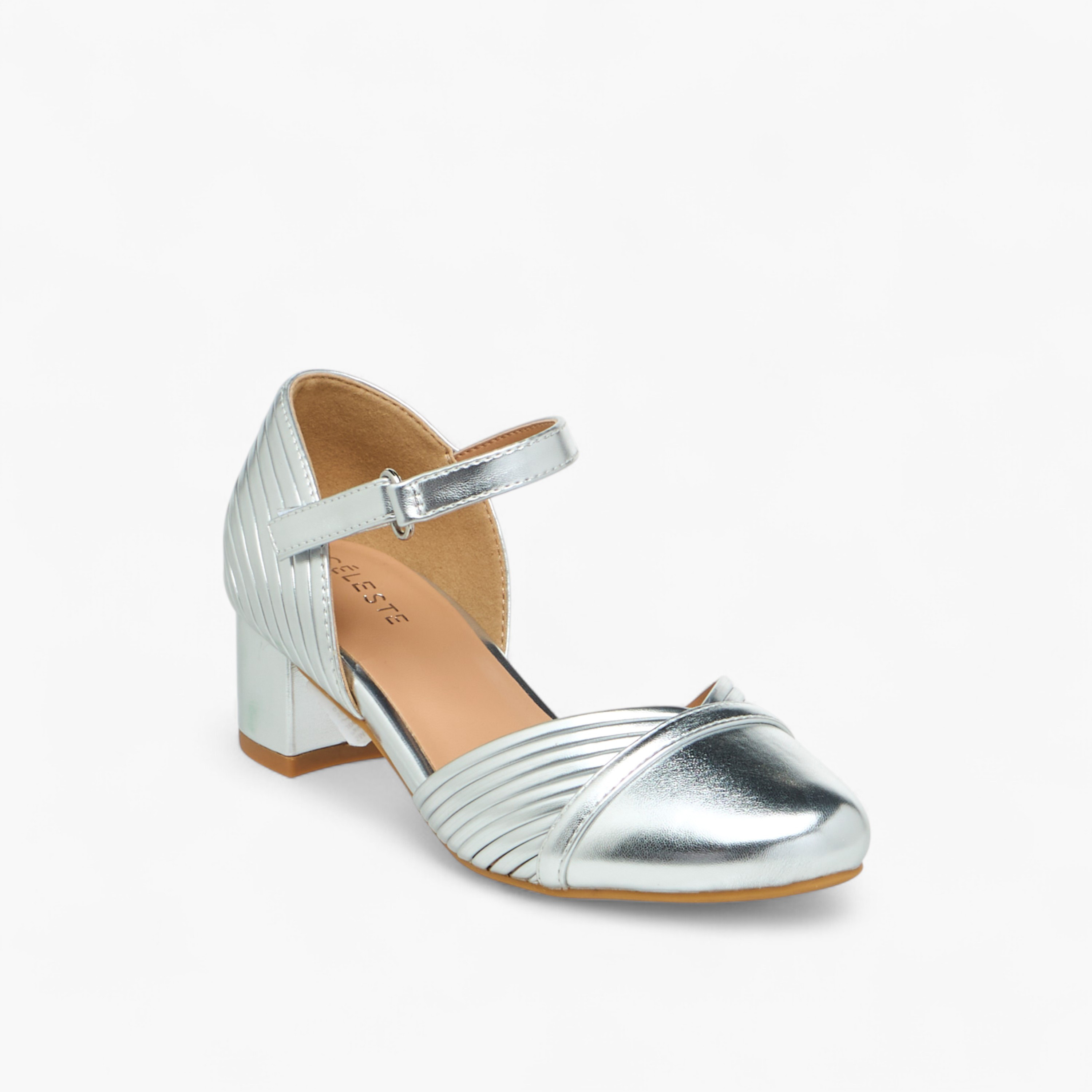 Celeste Girls' Metallic Block Heels Shoes with Hook and Loop Closure-girls-shoes-maryjanes-image-2