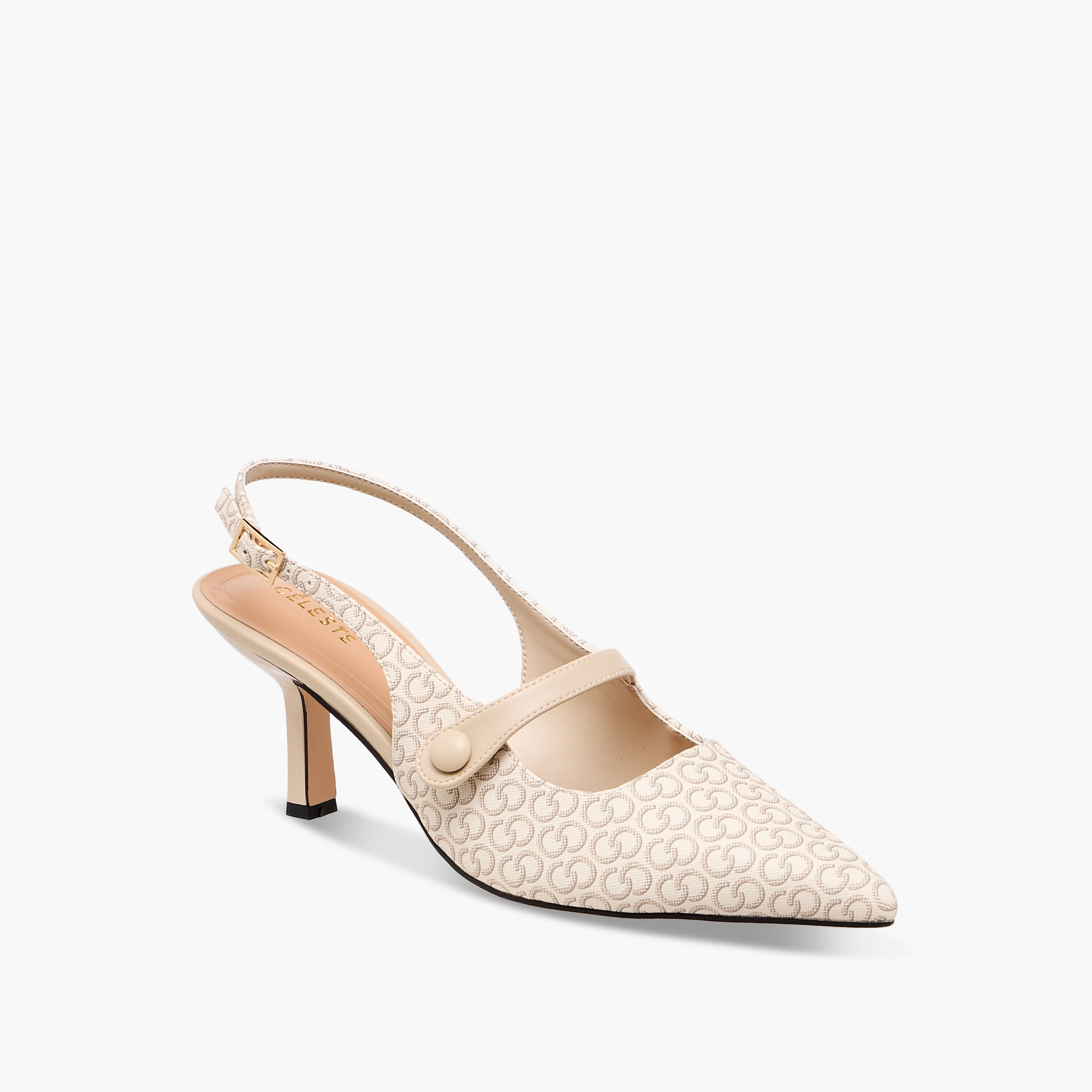 Celeste Women's Monogram Print Pointed Toe Shoes with Buckle Closure-women-shoes-heels-image-2