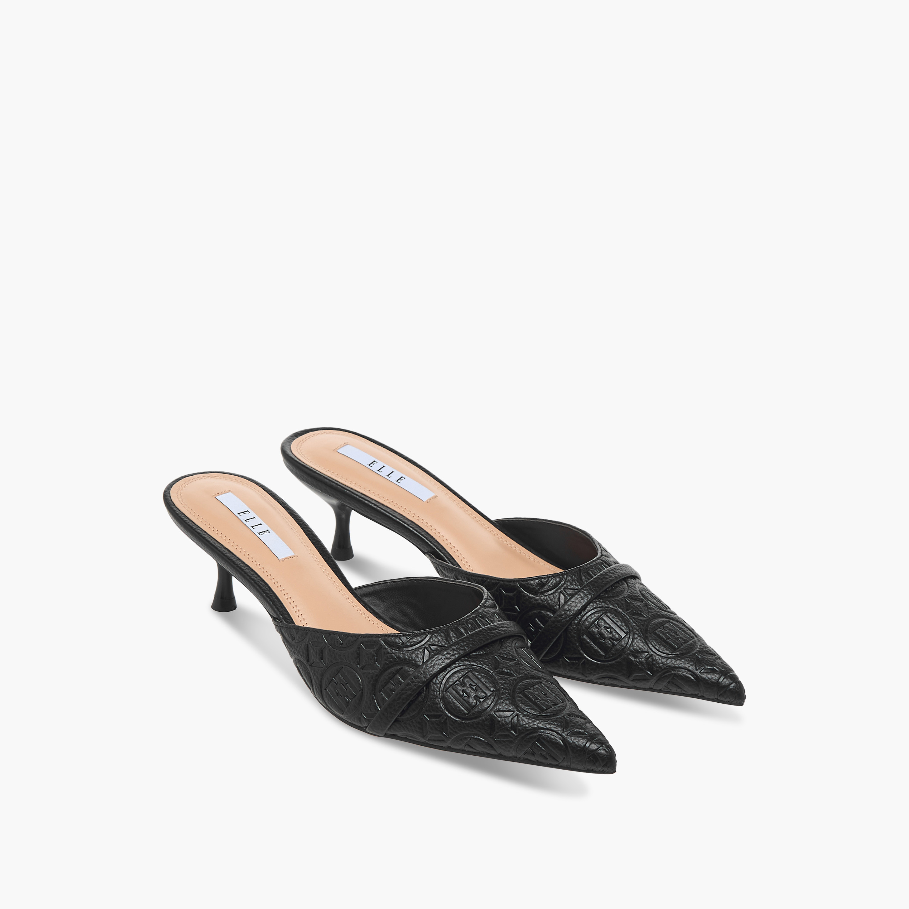 Elle Women's Monogram Embossed Slip-On Mules with Kitten Heels-women-shoes-sandals-heeled-image-1