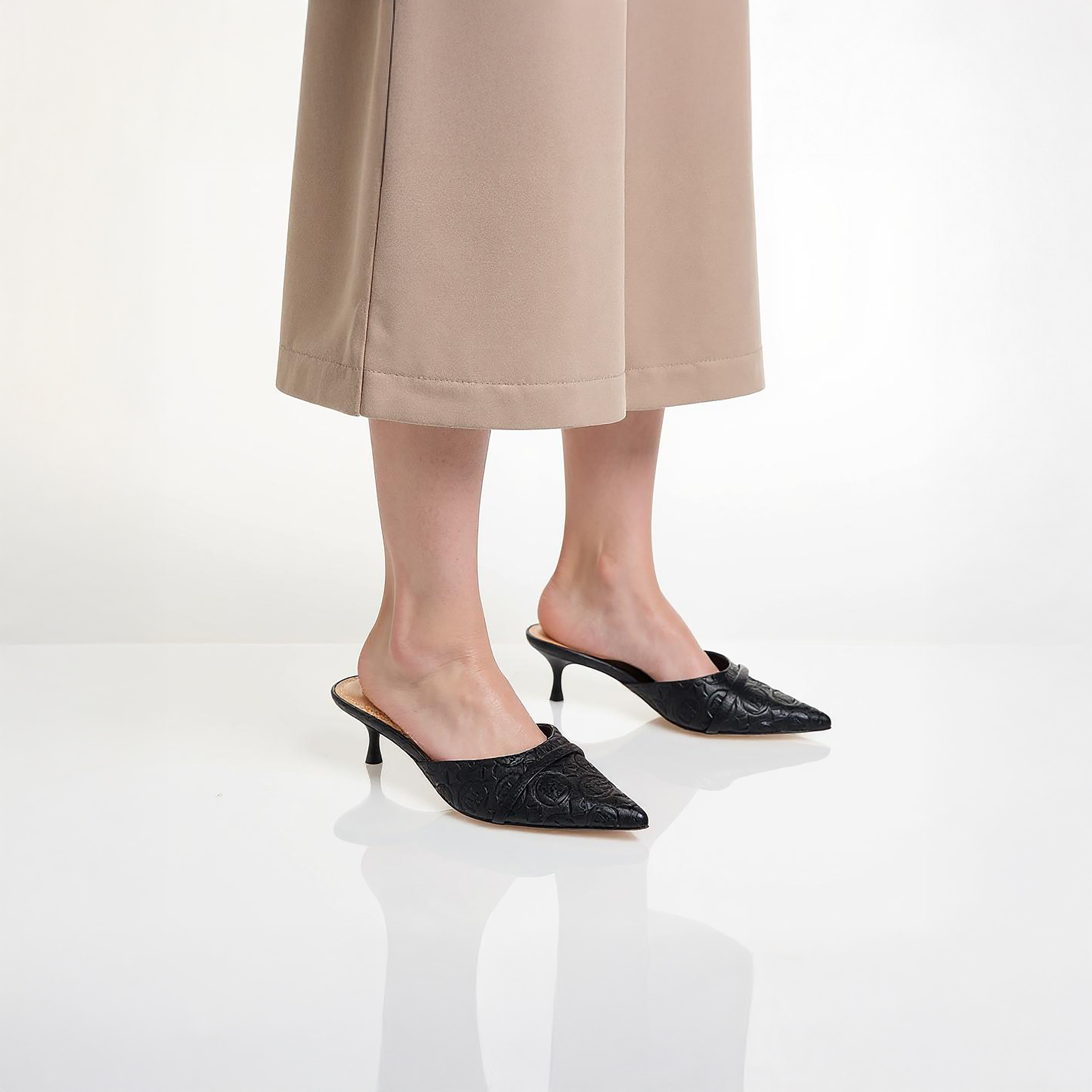 Elle Women's Monogram Embossed Slip-On Mules with Kitten Heels-women-shoes-sandals-heeled-image-2