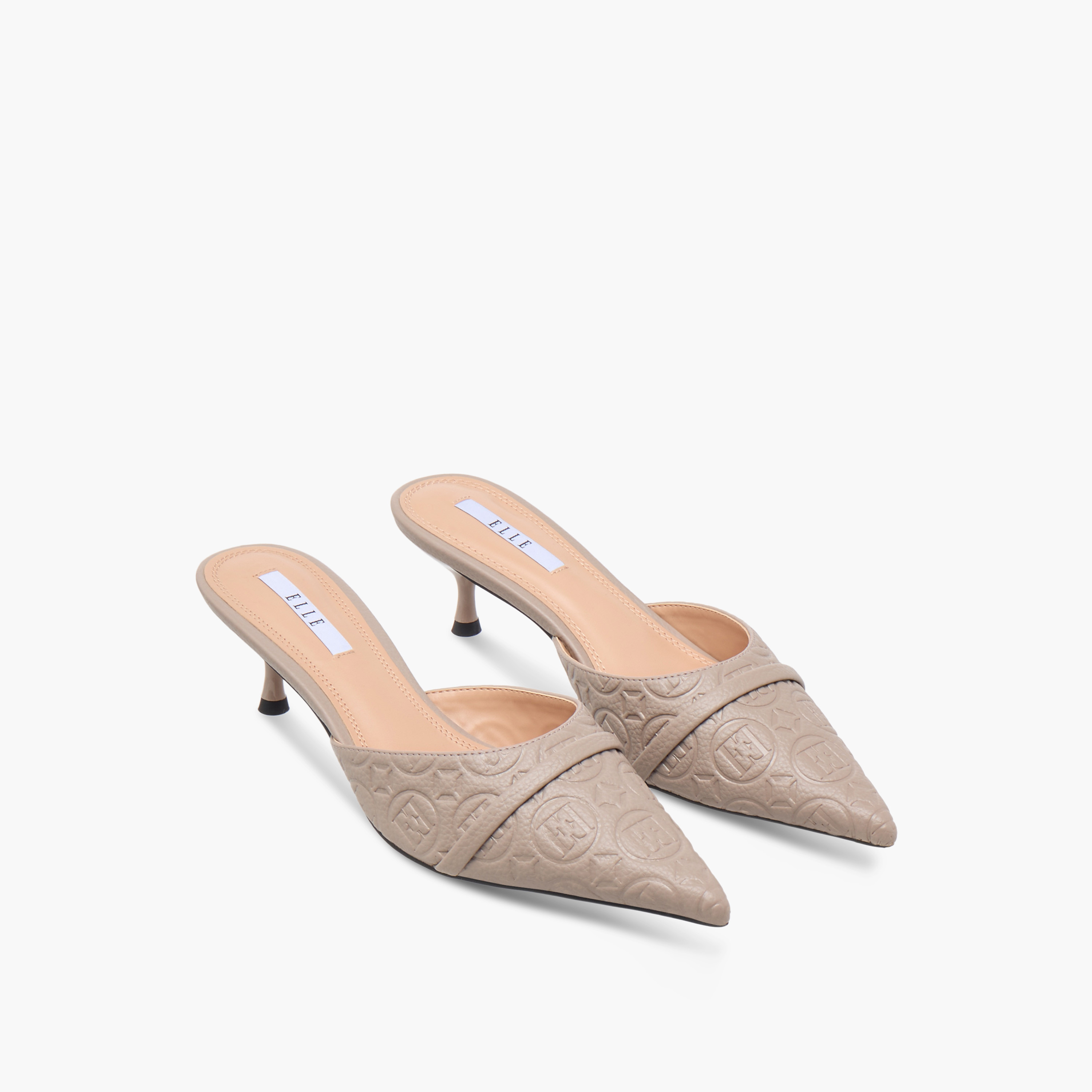 Elle Women's Monogram Embossed Slip-On Mules with Kitten Heels-women-shoes-sandals-heeled-image-1