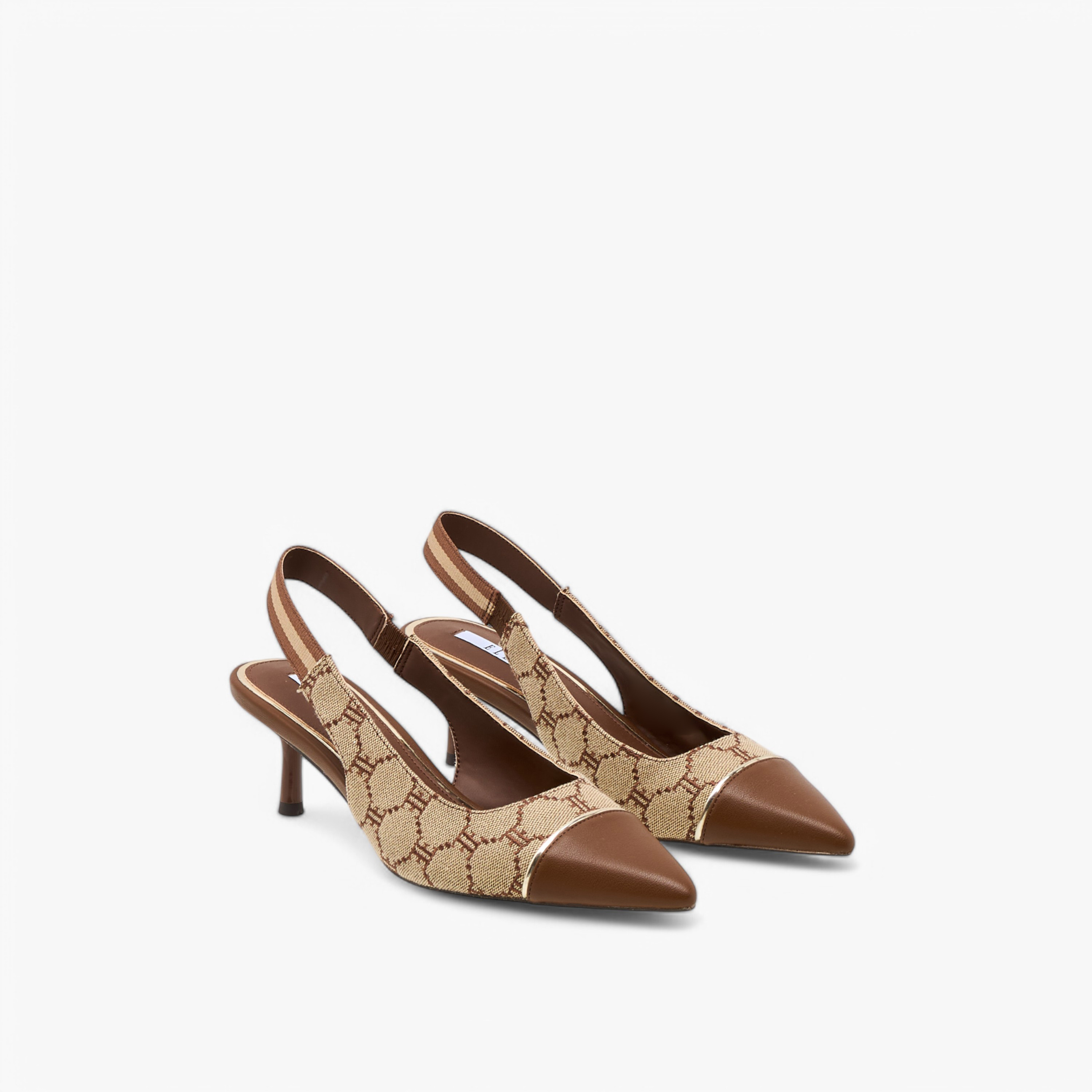 Elle Monogram Print Slingback Pointed Toe Shoes with Kitten Heels-women-shoes-sandals-heeled-image-1