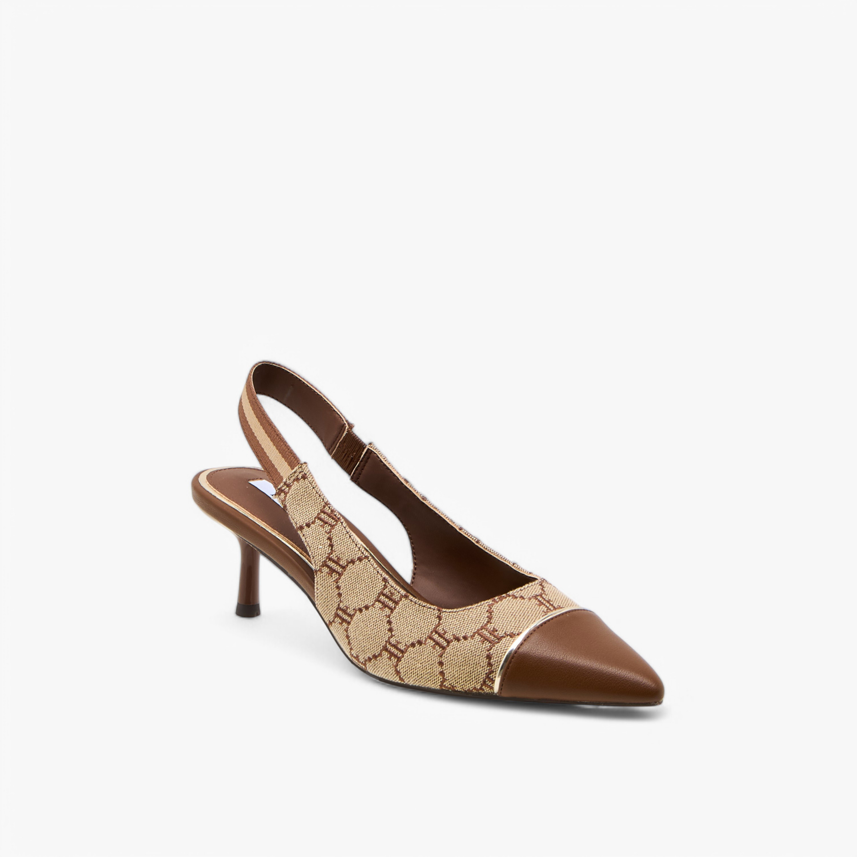 Elle Monogram Print Slingback Pointed Toe Shoes with Kitten Heels-women-shoes-sandals-heeled-image-2