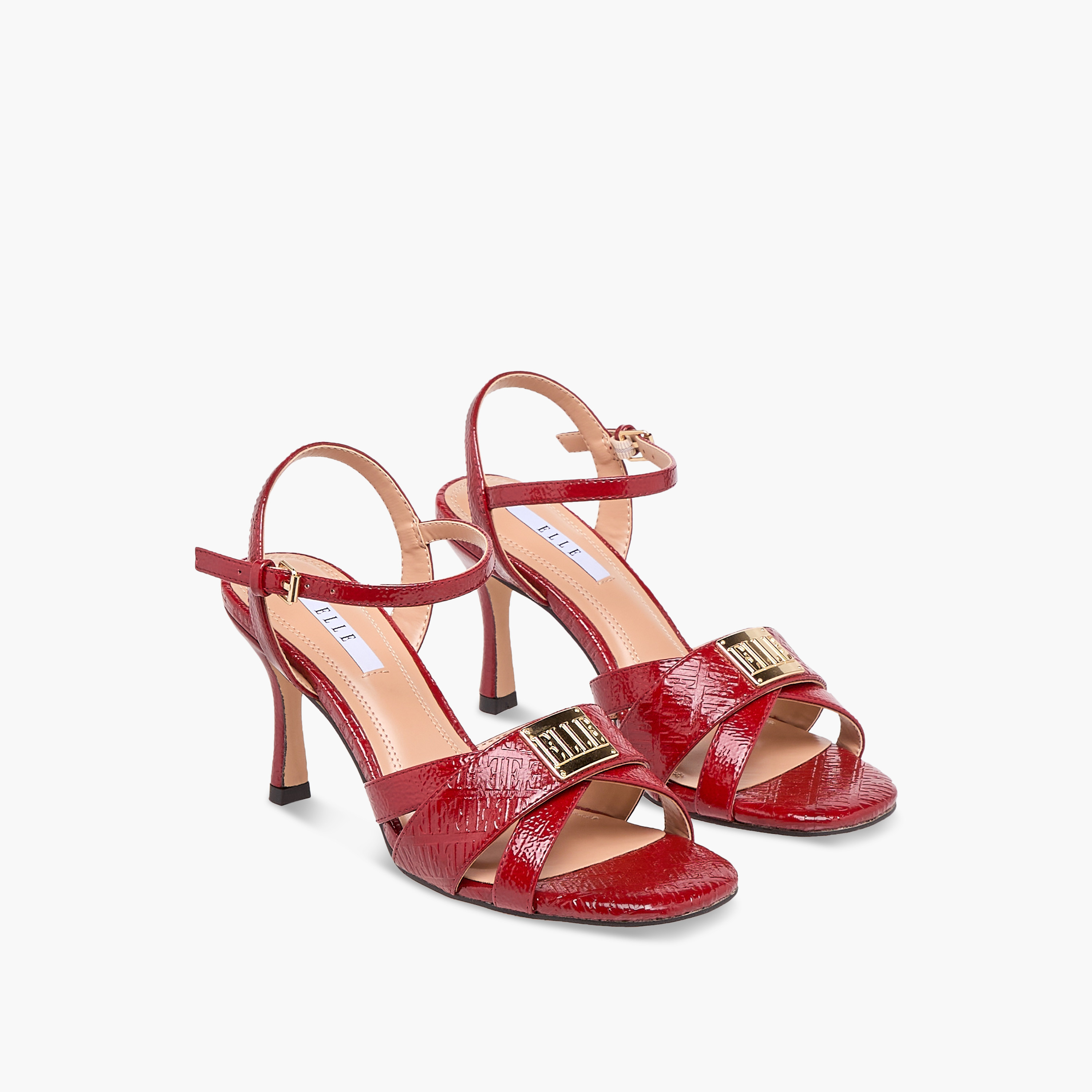 صندل بنقوش مونوجرام وكعب رفيع وإبزيم إغلاق للنساء من إيل-women-shoes-sandals-heeled-image-1