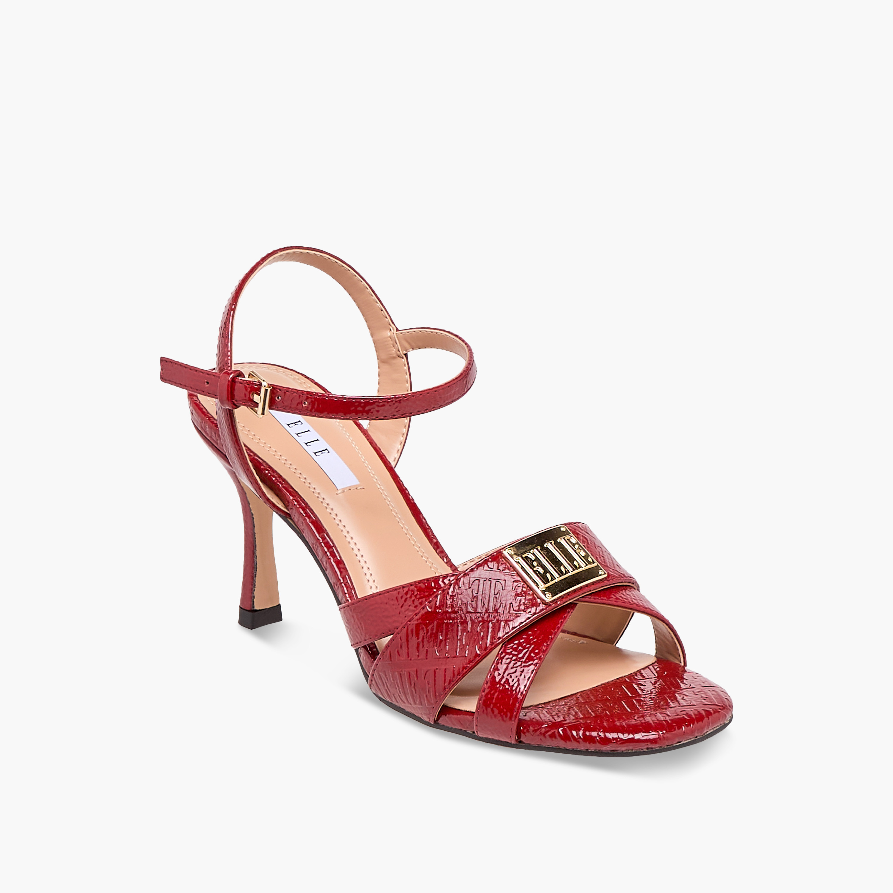 صندل بنقوش مونوجرام وكعب رفيع وإبزيم إغلاق للنساء من إيل-women-shoes-sandals-heeled-image-2