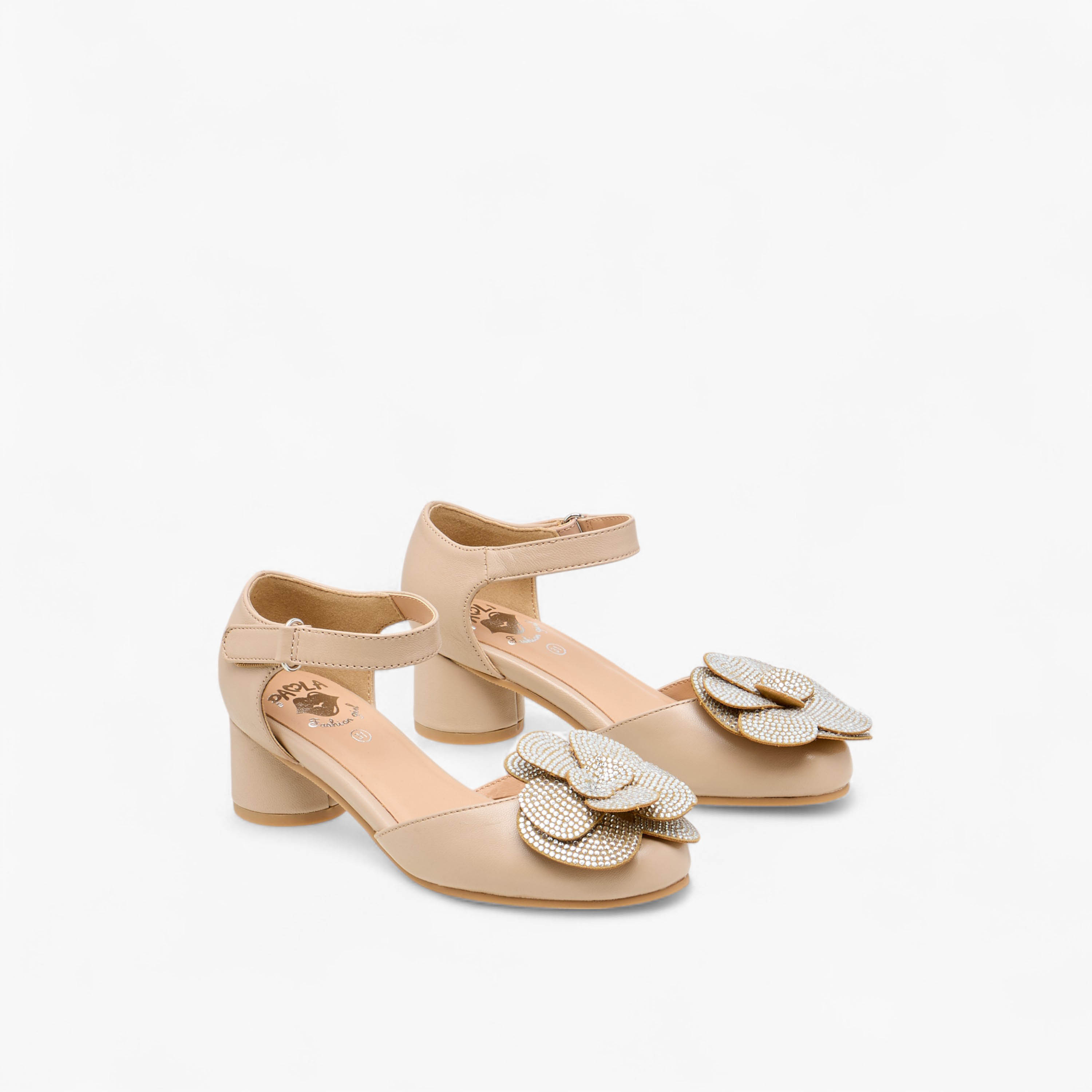 Pablosky Girls' Floral Embellished Block Heeled Sandals with Hook and Loop Closure-girls-shoes-sandals-image-1