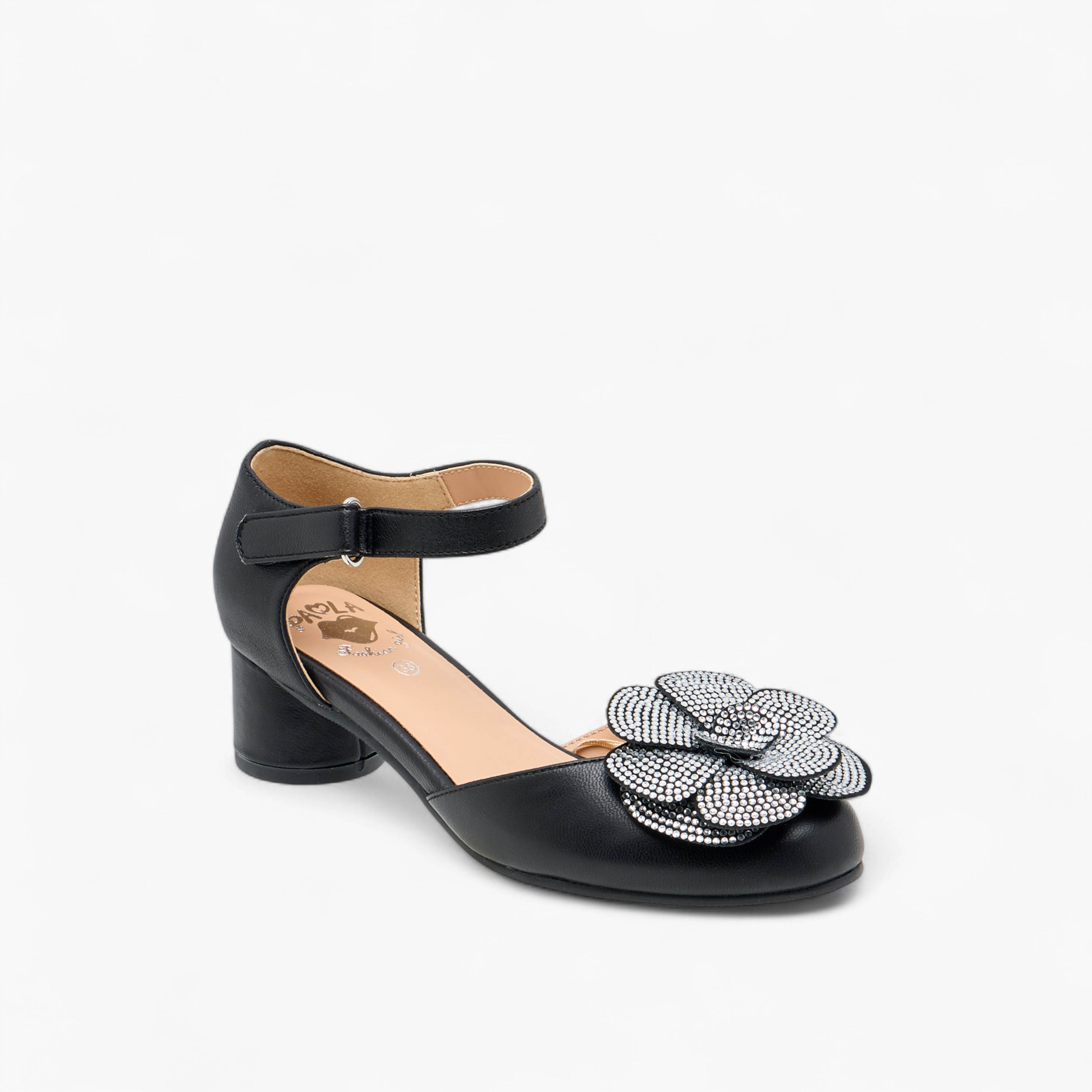 Pablosky Girls' Floral Embellished Block Heeled Sandals with Hook and Loop Closure-girls-shoes-sandals-image-2