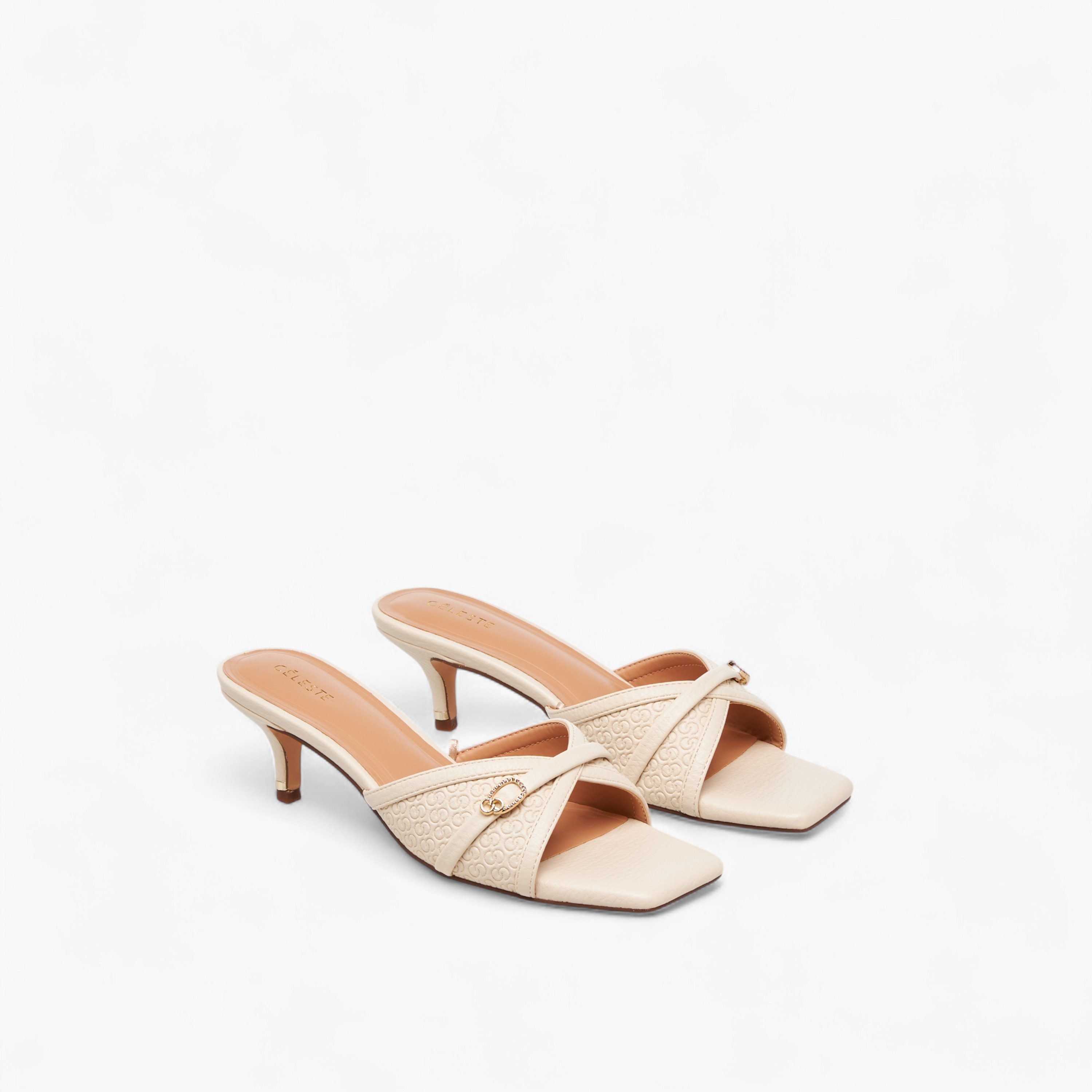 Celeste Women's Monogram Embossed Slip-On Sandals with Kitten Heels-women-shoes-sandals-heeled-image-1