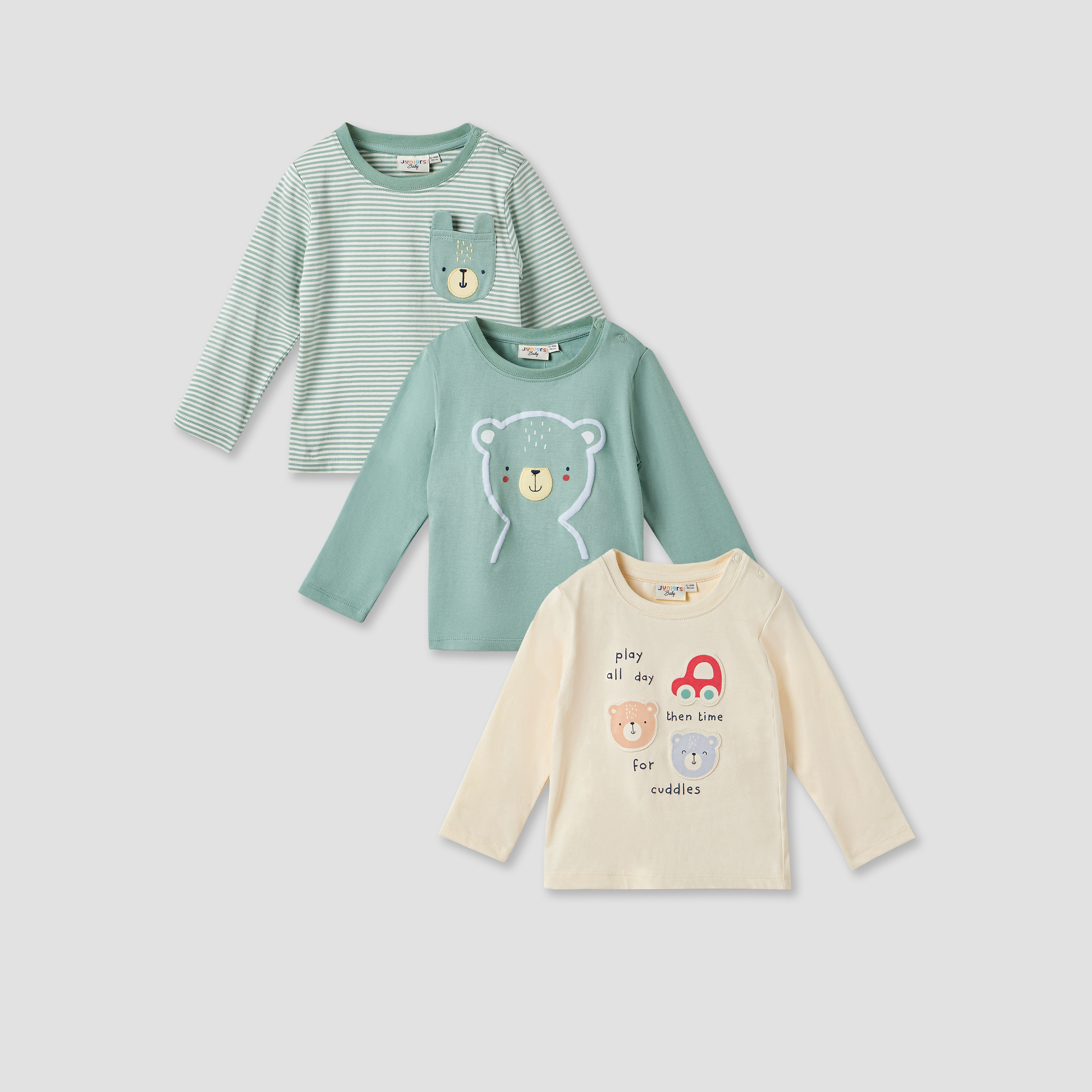 Juniors Teddy Bear Print T-shirt with Long Sleeves - Set of 3-baby-boys-clothing-tshirtsandpolos-image-1