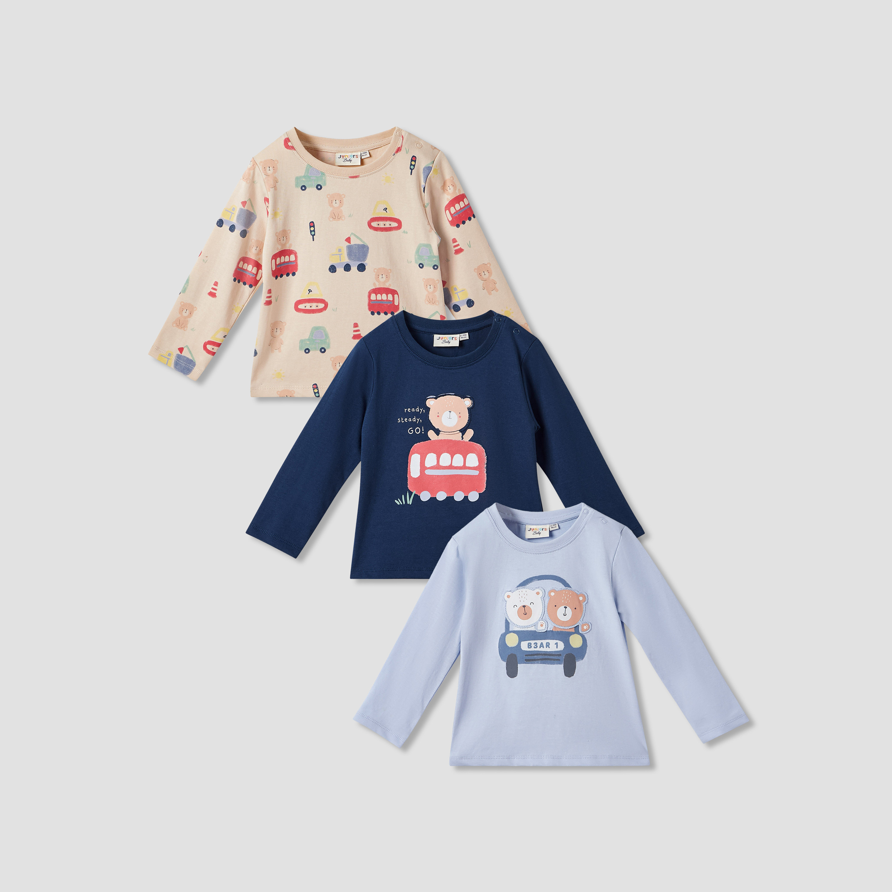 Juniors Teddy Bear Print T-shirt with Long Sleeves - Set of 3-baby-boys-clothing-tshirtsandpolos-image-1