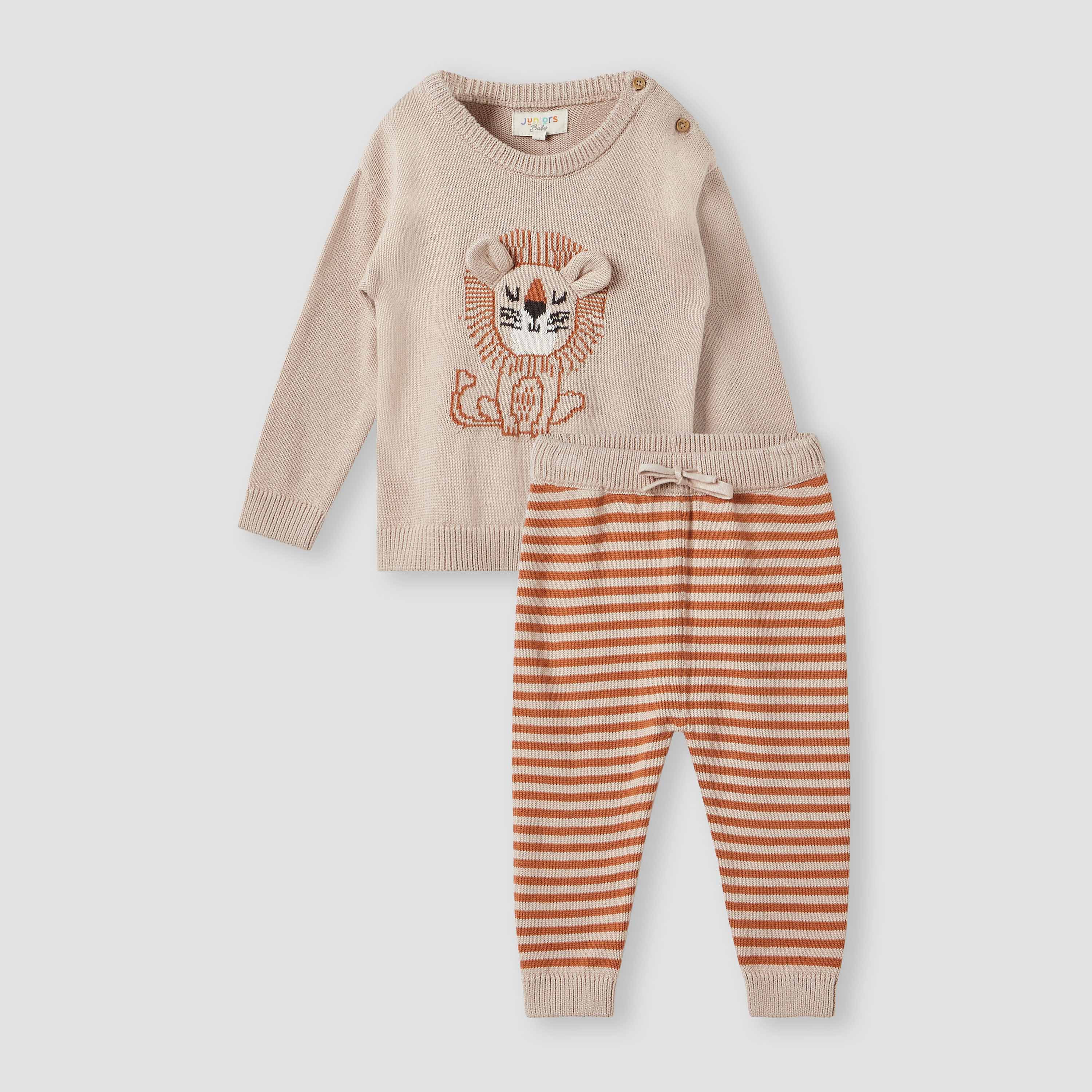 Juniors Lion Motif Sweater and Joggers Set-baby-boys-clothing-winterwear-setsandcoords-image-1