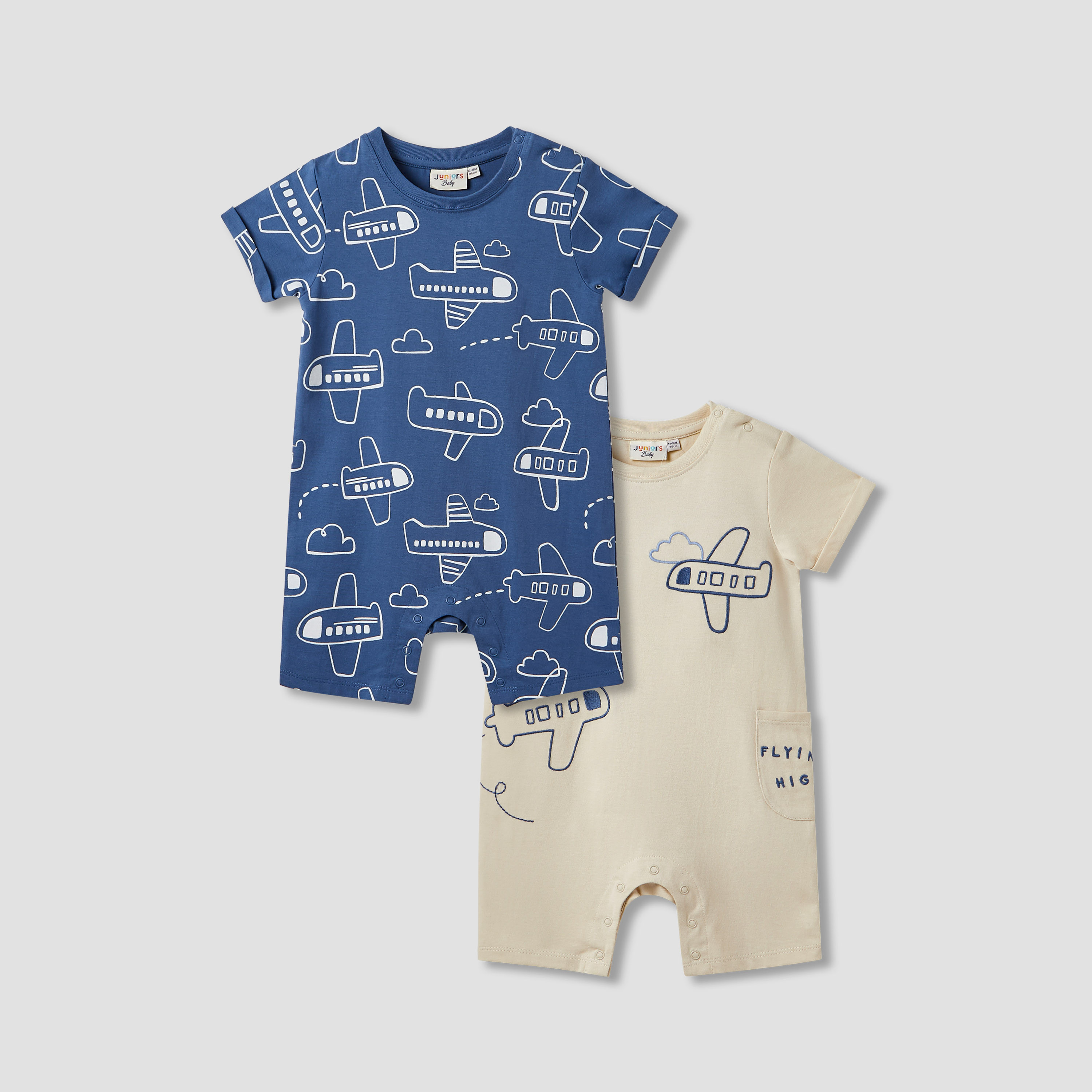 Juniors Aeroplane Print Romper with Short Sleeves - Set of 2-baby-boys-clothing-rompers-image-1