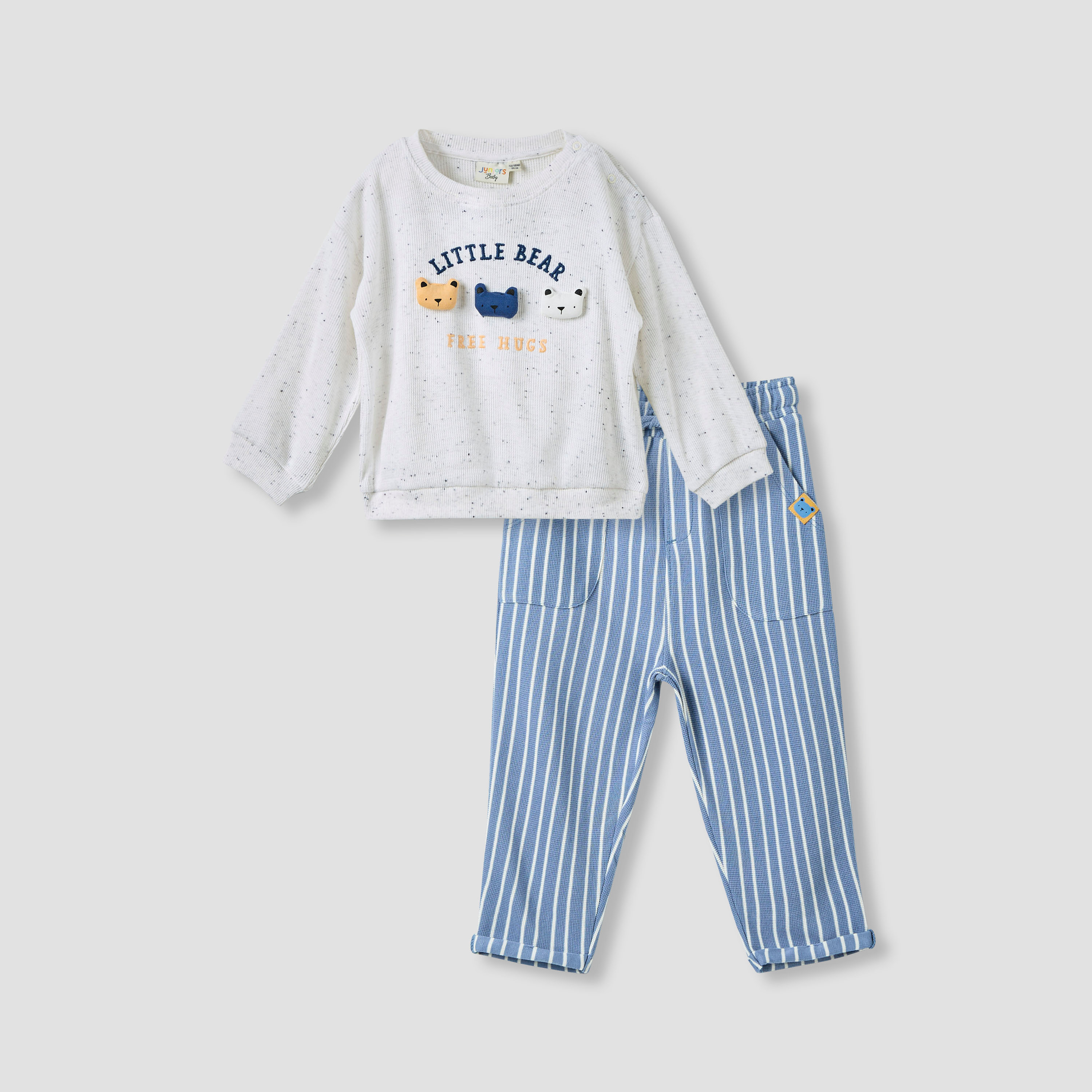 Juniors Bear Applique Sweatshirt and Striped Pant Set-baby-boys-clothing-winterwear-setsandcoords-image-1