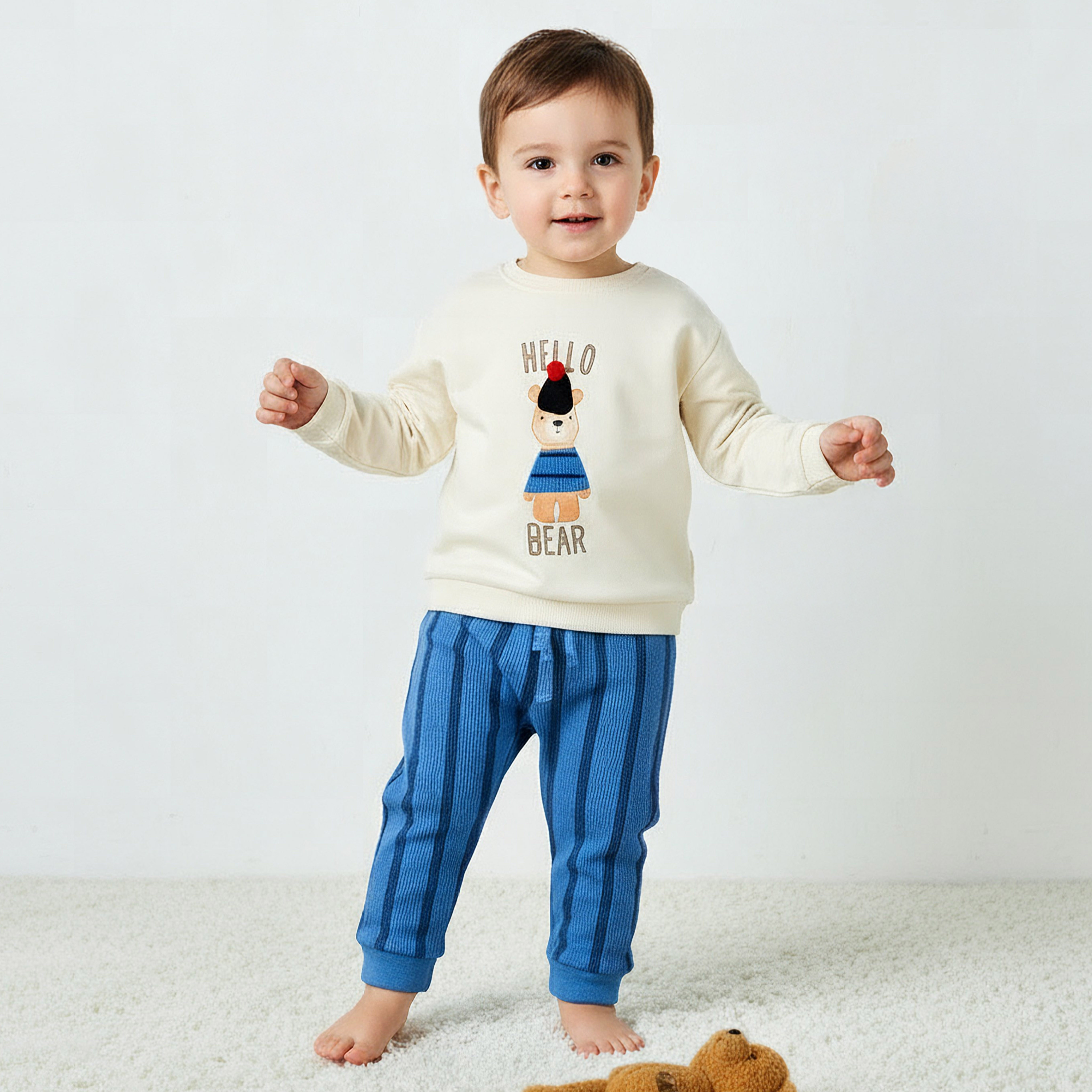 Juniors Boys Sweatshirt and Pants Set with Bear Applique - Cotton - Long Sleeves - Crew Neck-baby-boys-clothing-winterwear-setsandcoords-image-1