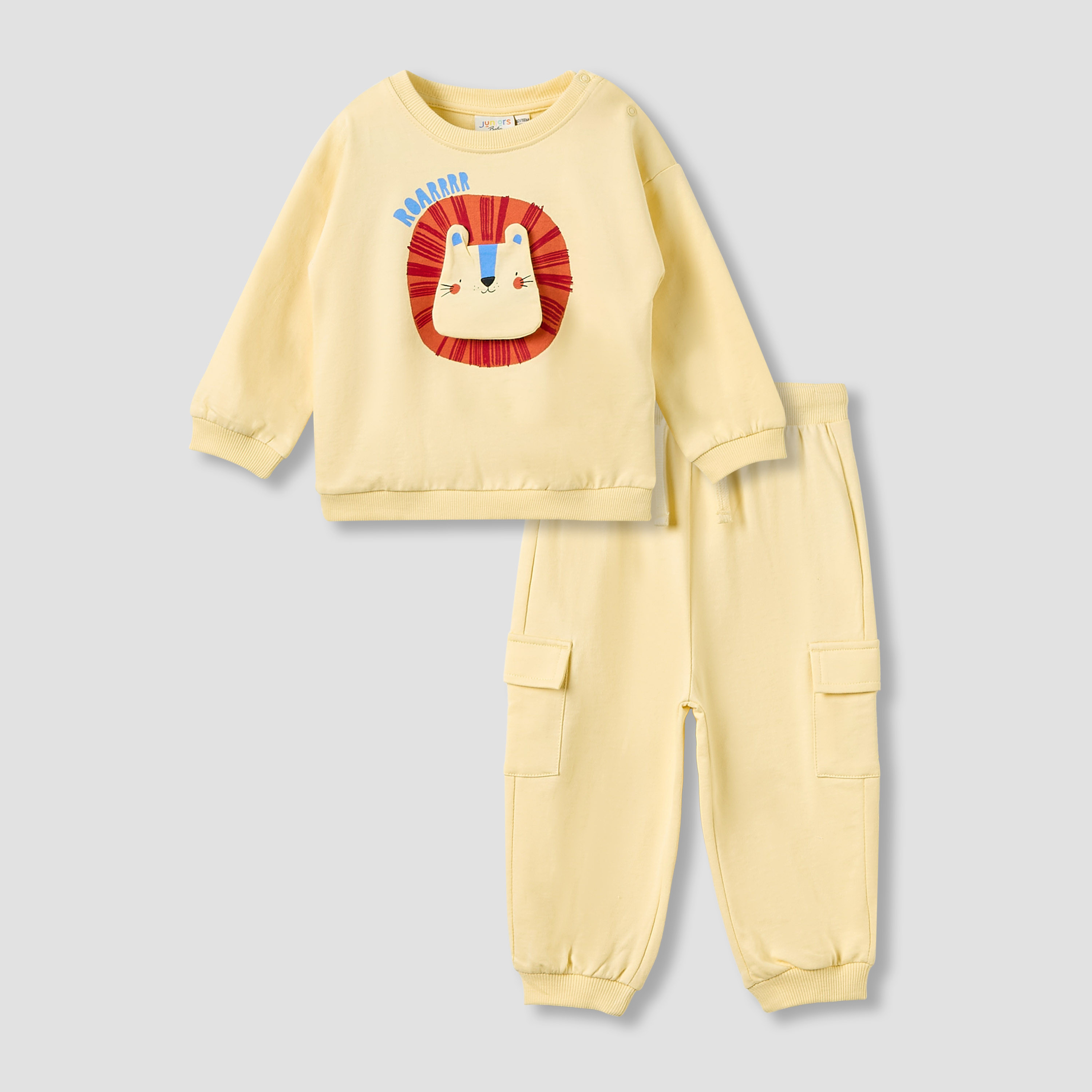 Juniors Boys Sweatshirt and Cargo Joggers Set with Lion Applique - Cotton - Long Sleeves - Crew Neck-baby-boys-clothing-winterwear-setsandcoords-image-1