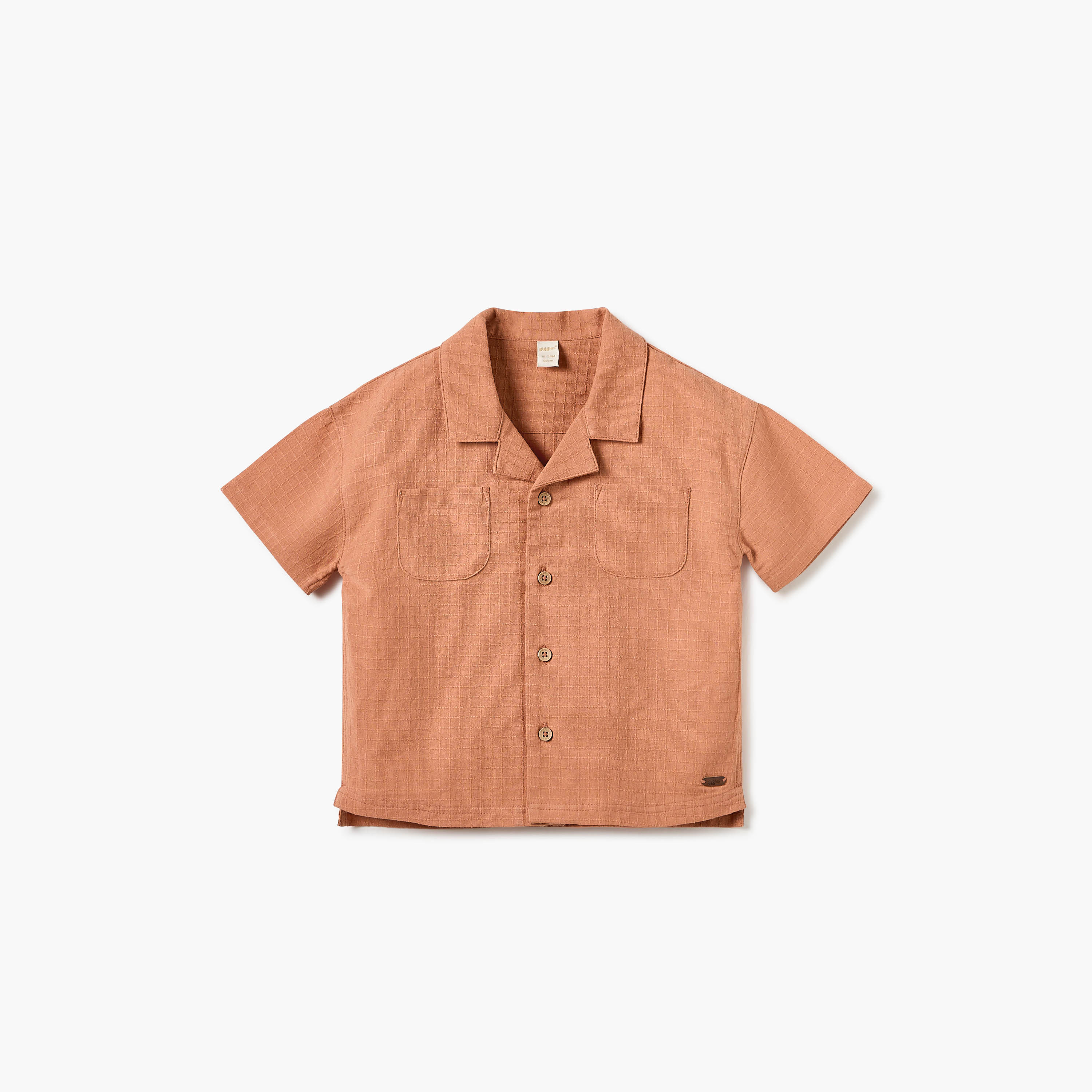 Giggles Textured Camp Collar Shirt with Short Sleeves-baby-boys-clothing-shirts-image-1