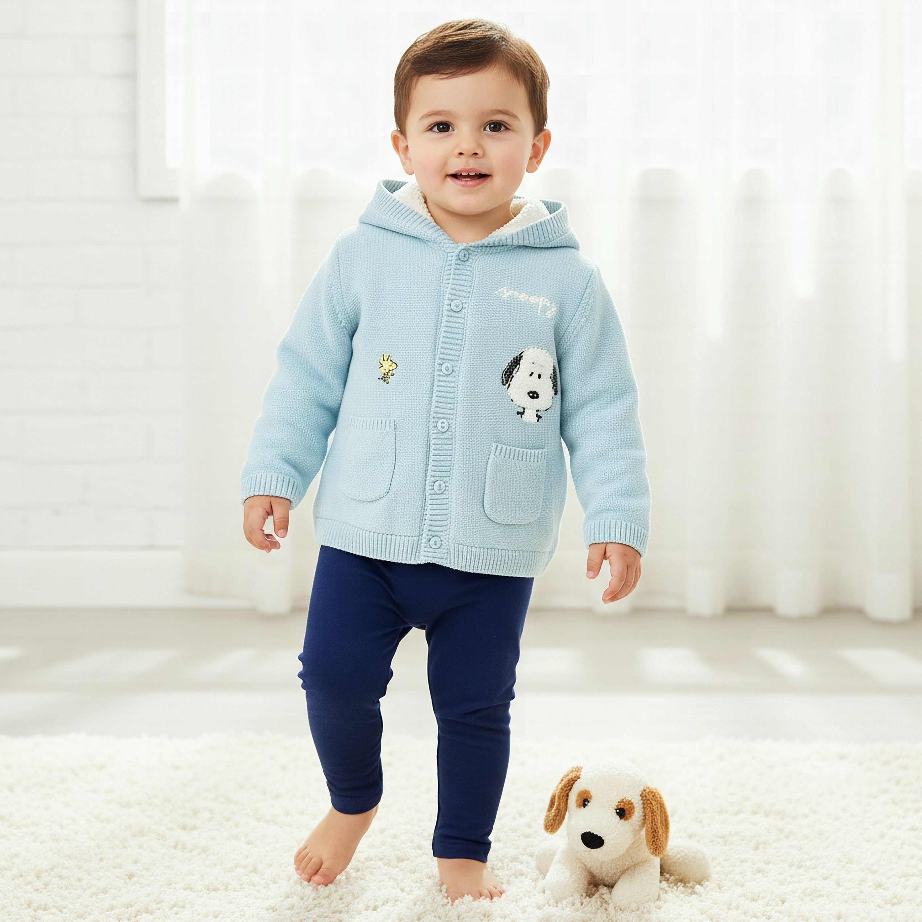 Snoopy Embroidered Hooded Cardigan with Long Sleeves-baby-boys-clothing-winterwear-jumpersandcardigans-image-1