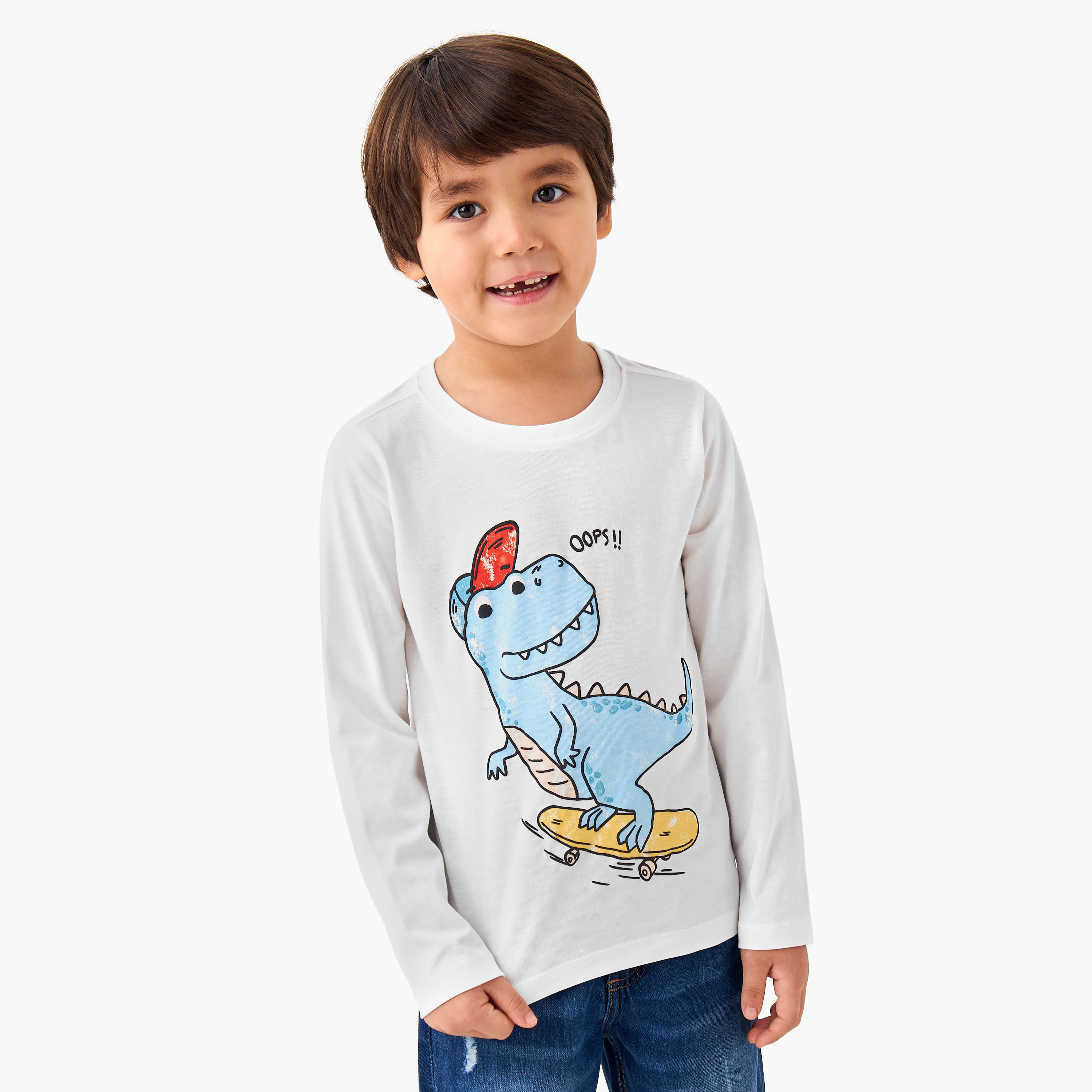 تيشيرت قطن بياقة ضيقة وأكمام طويلة وطبعات ديناصور للأولاد من جونيورز-boys-clothing-tshirtsandpolos-image-1