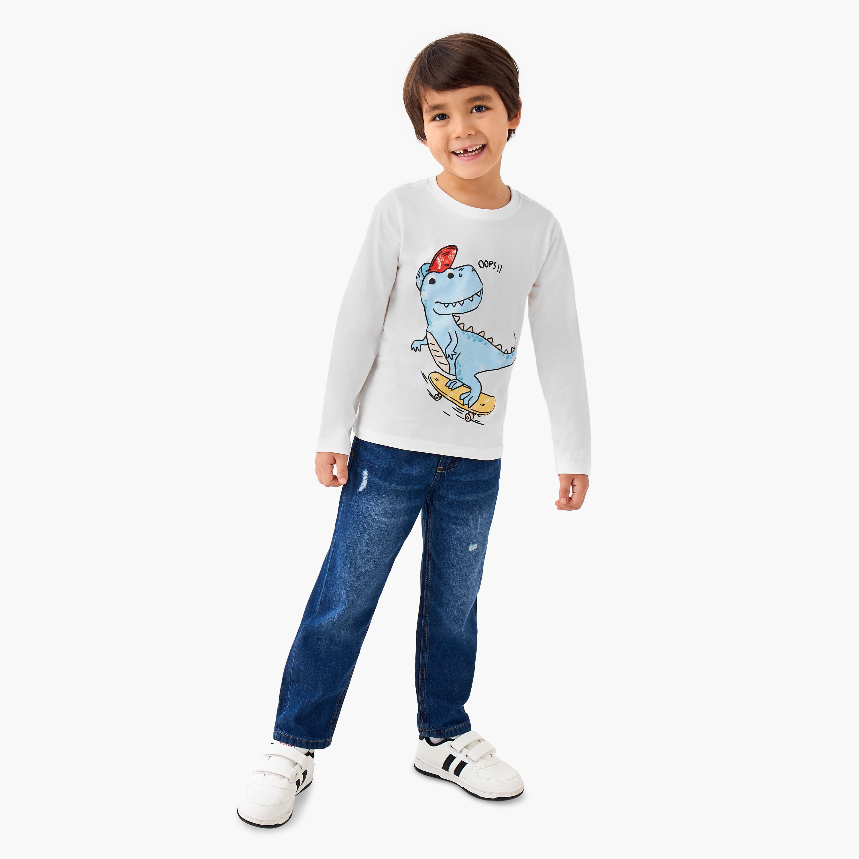 Juniors Boys Crew Neck T-shirt with Dinosaur Print - Cotton - Long Sleeves-boys-clothing-tshirtsandpolos-image-2