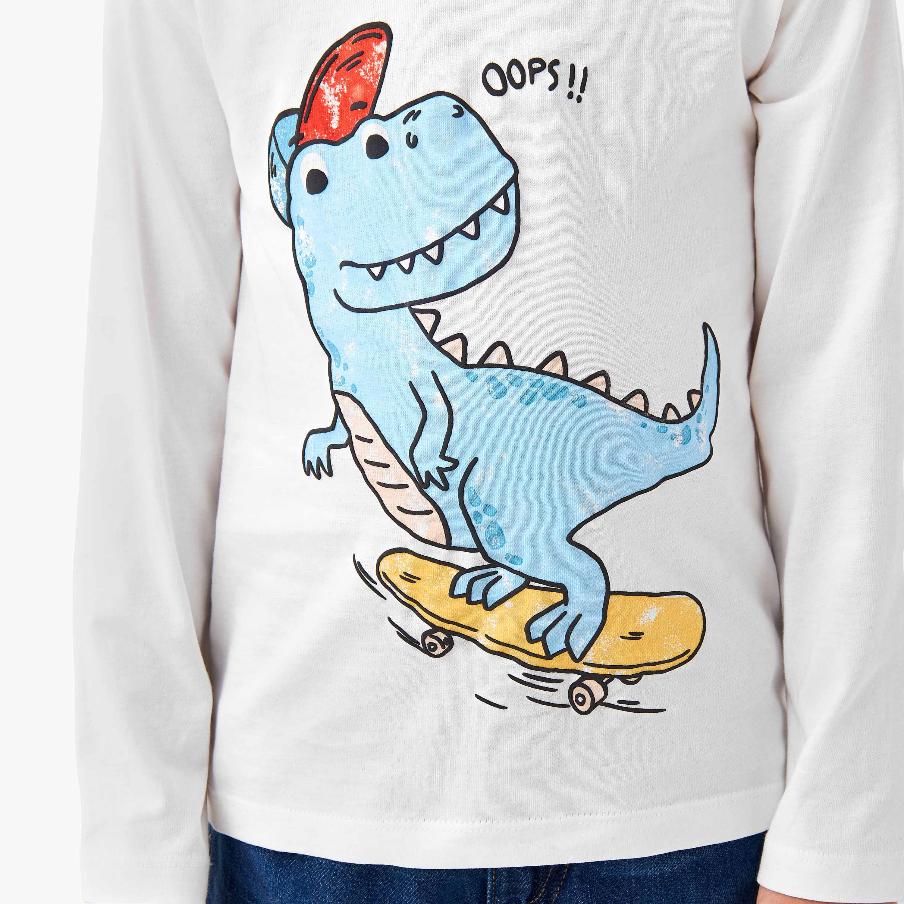 تيشيرت قطن بياقة ضيقة وأكمام طويلة وطبعات ديناصور للأولاد من جونيورز-boys-clothing-tshirtsandpolos-image-4