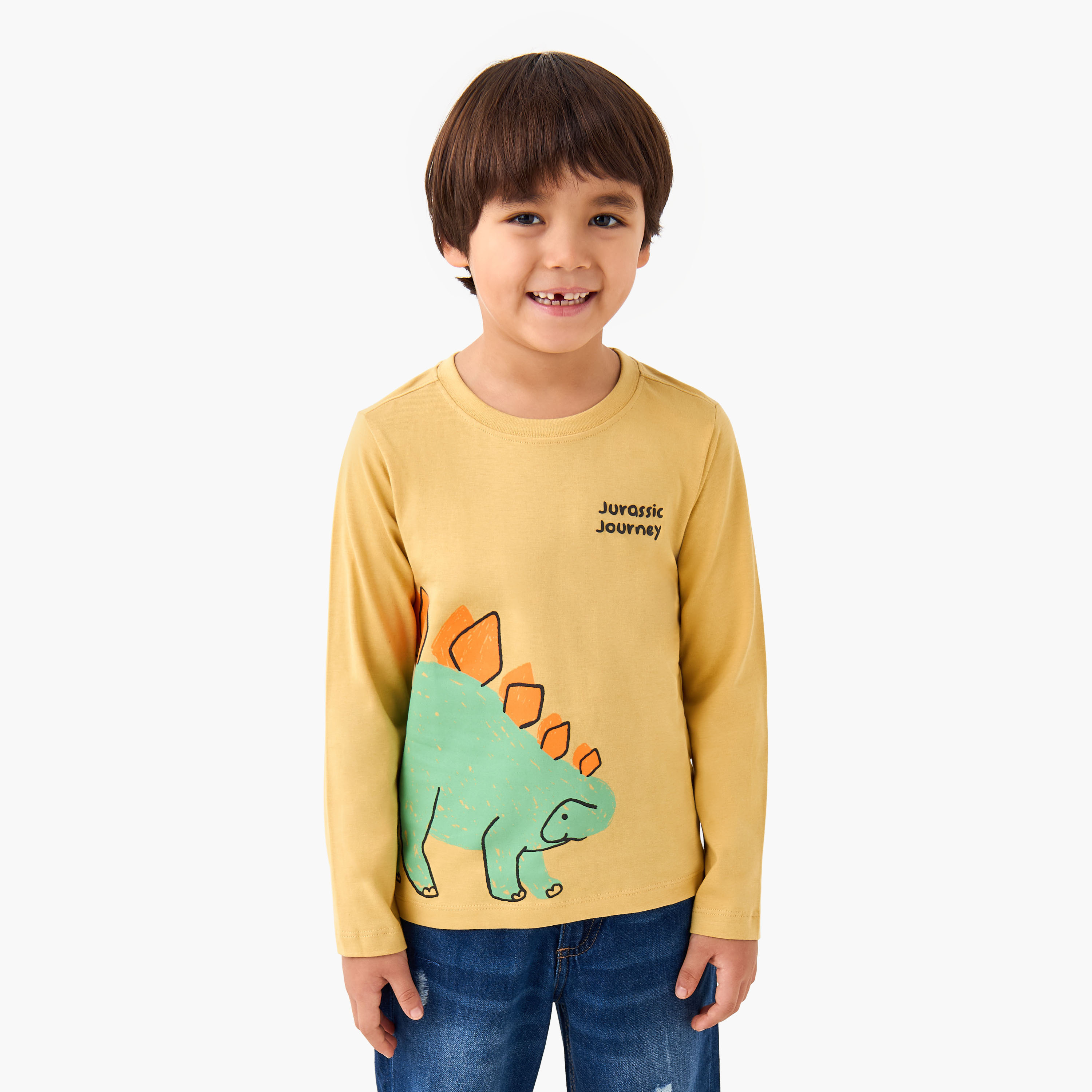 Juniors Boys Crew Neck T-shirt with Dinosaur Print - Cotton - Long Sleeves-boys-clothing-tshirtsandpolos-image-1
