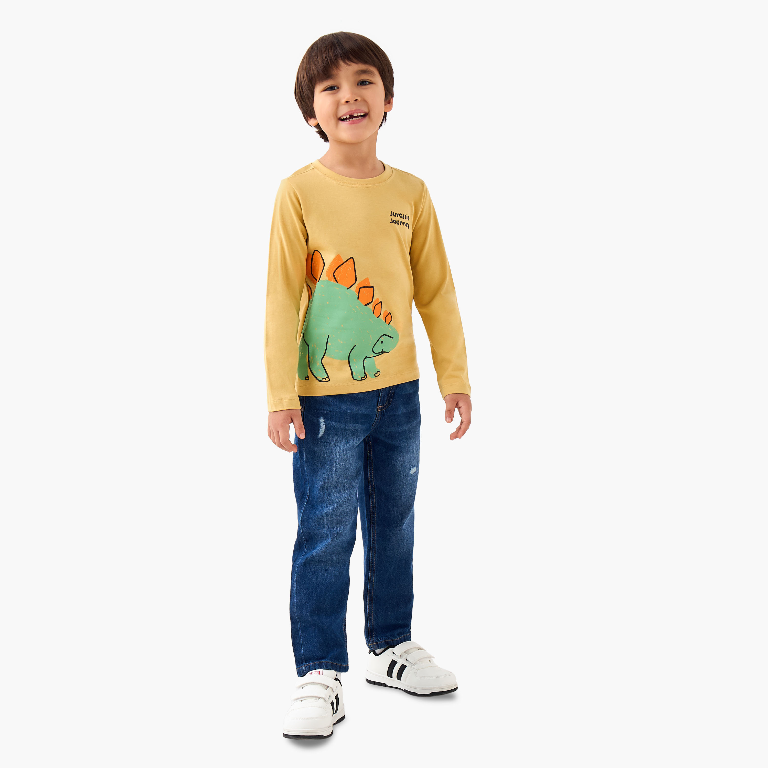 Juniors Boys Crew Neck T-shirt with Dinosaur Print - Cotton - Long Sleeves-boys-clothing-tshirtsandpolos-image-2