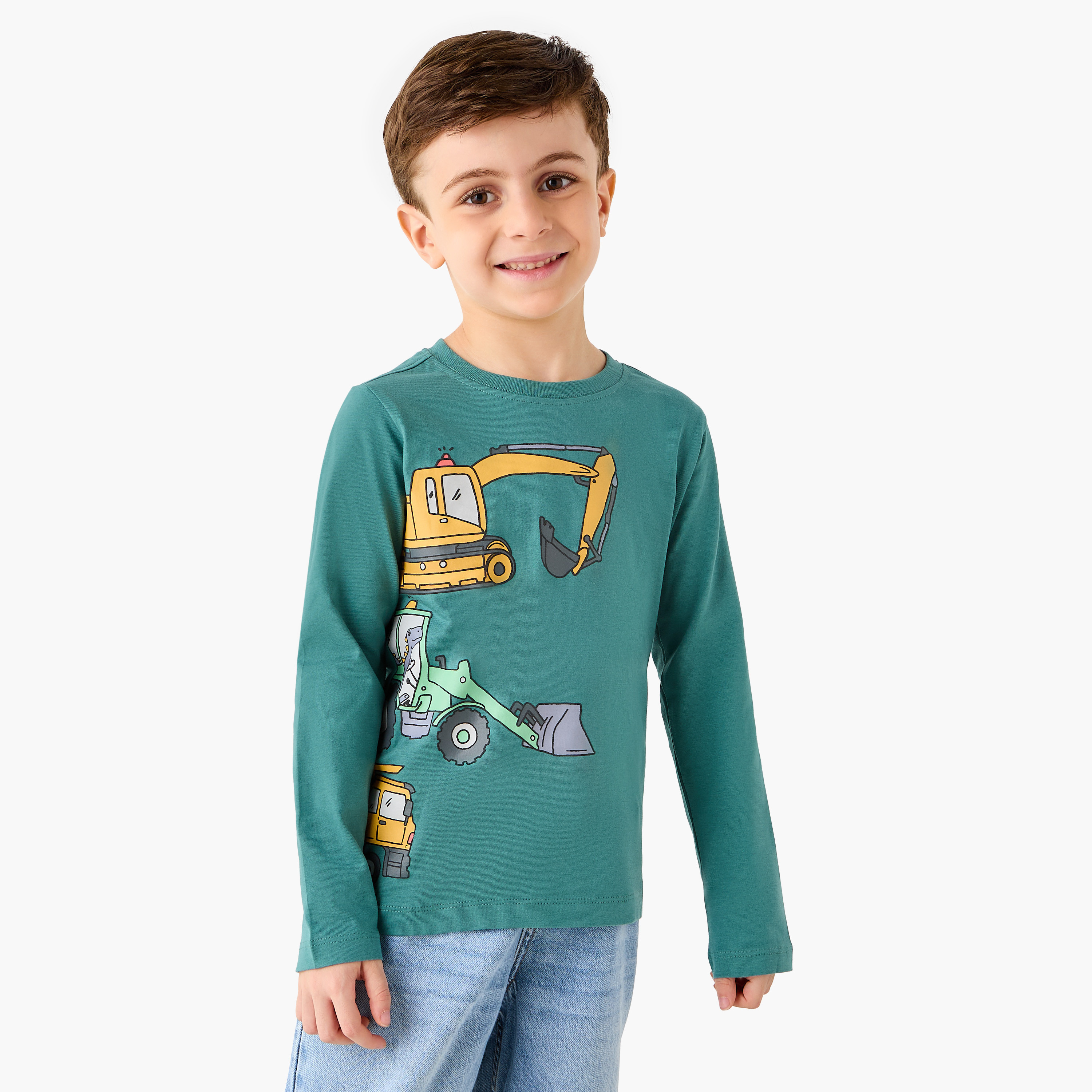 Juniors Construction Vehicle Print T-Shirt with Long Sleeves-boys-clothing-tshirtsandpolos-image-1