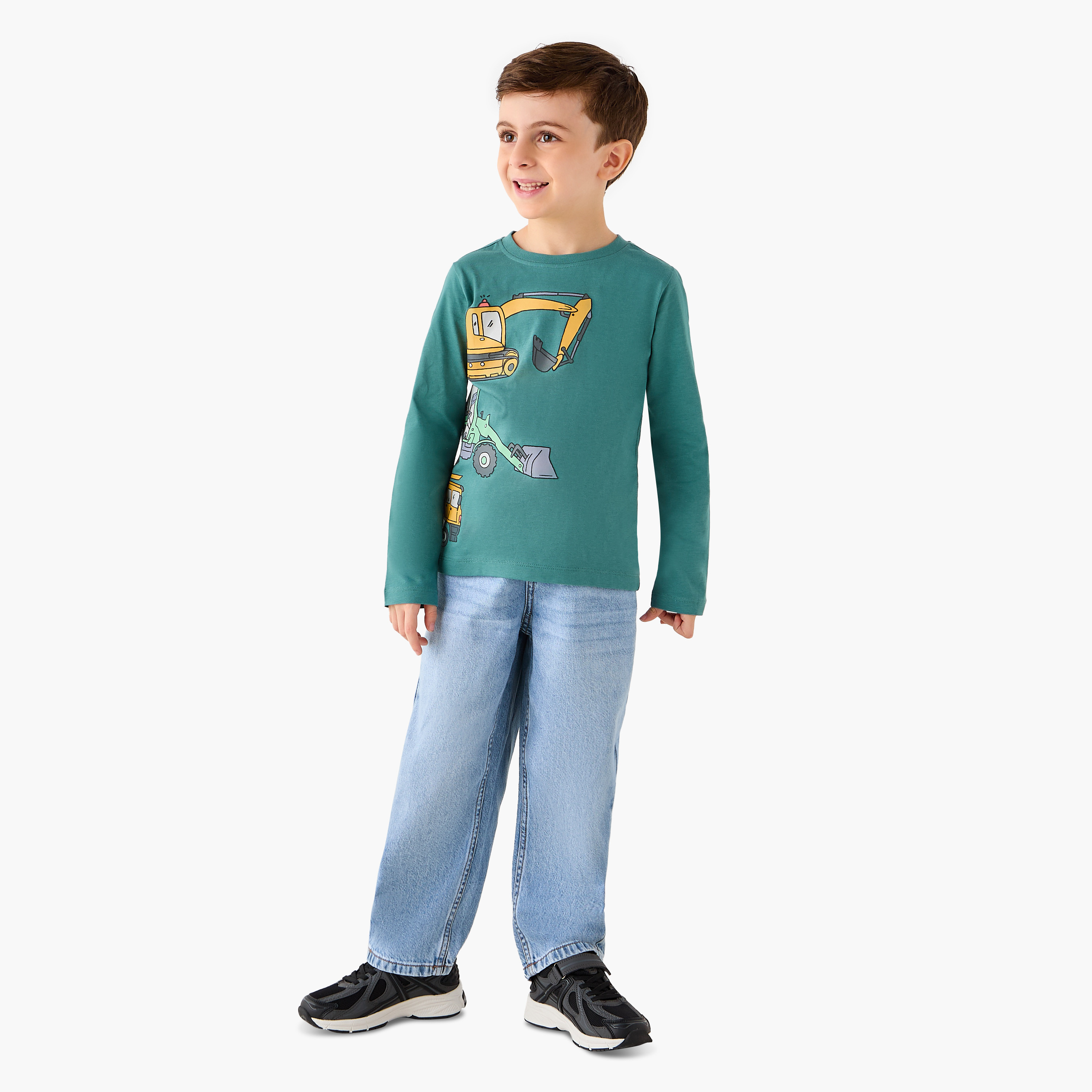 Juniors Construction Vehicle Print T-Shirt with Long Sleeves-boys-clothing-tshirtsandpolos-image-2