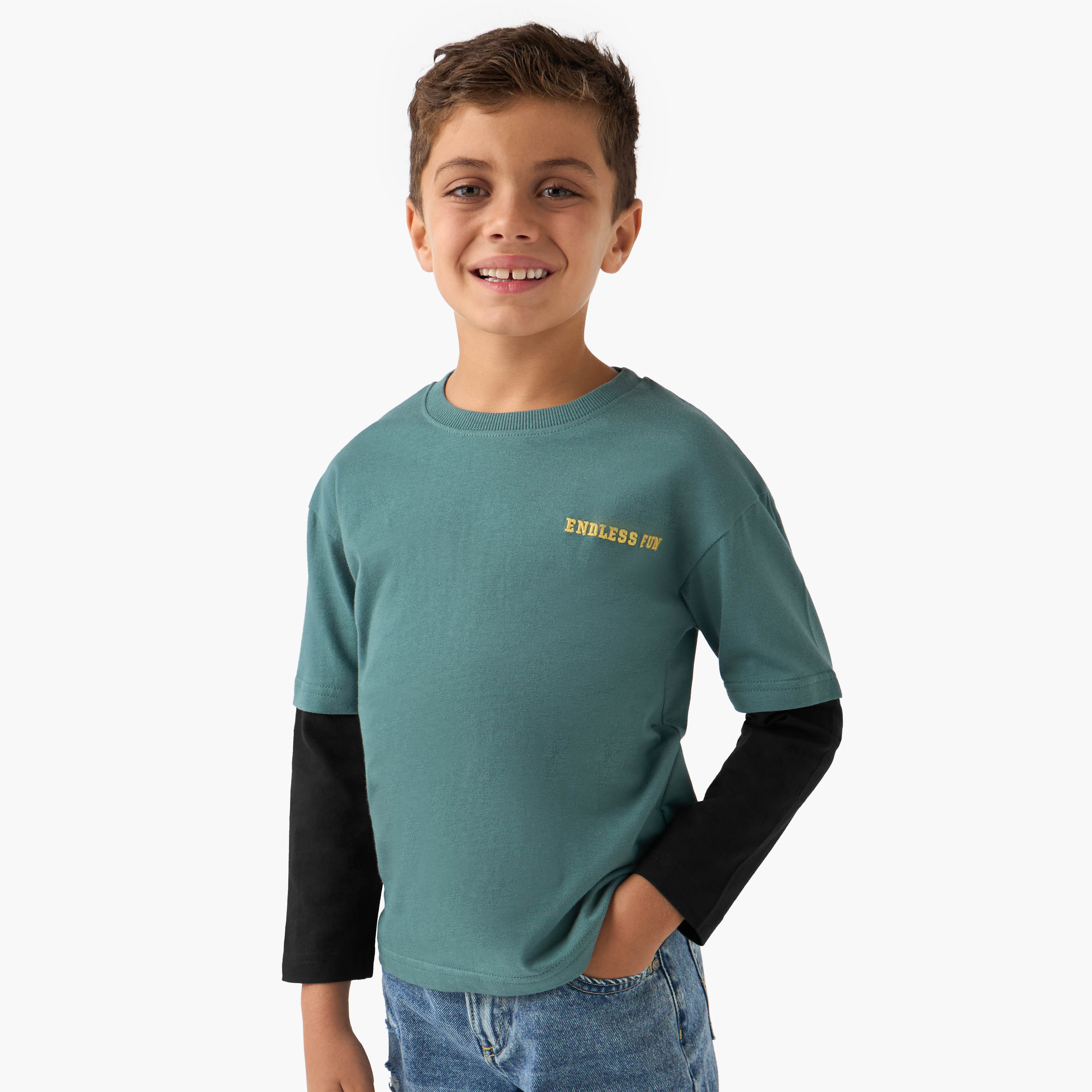 Juniors Embroidered T-shirt with Long Sleeves-boys-clothing-tshirtsandpolos-image-1