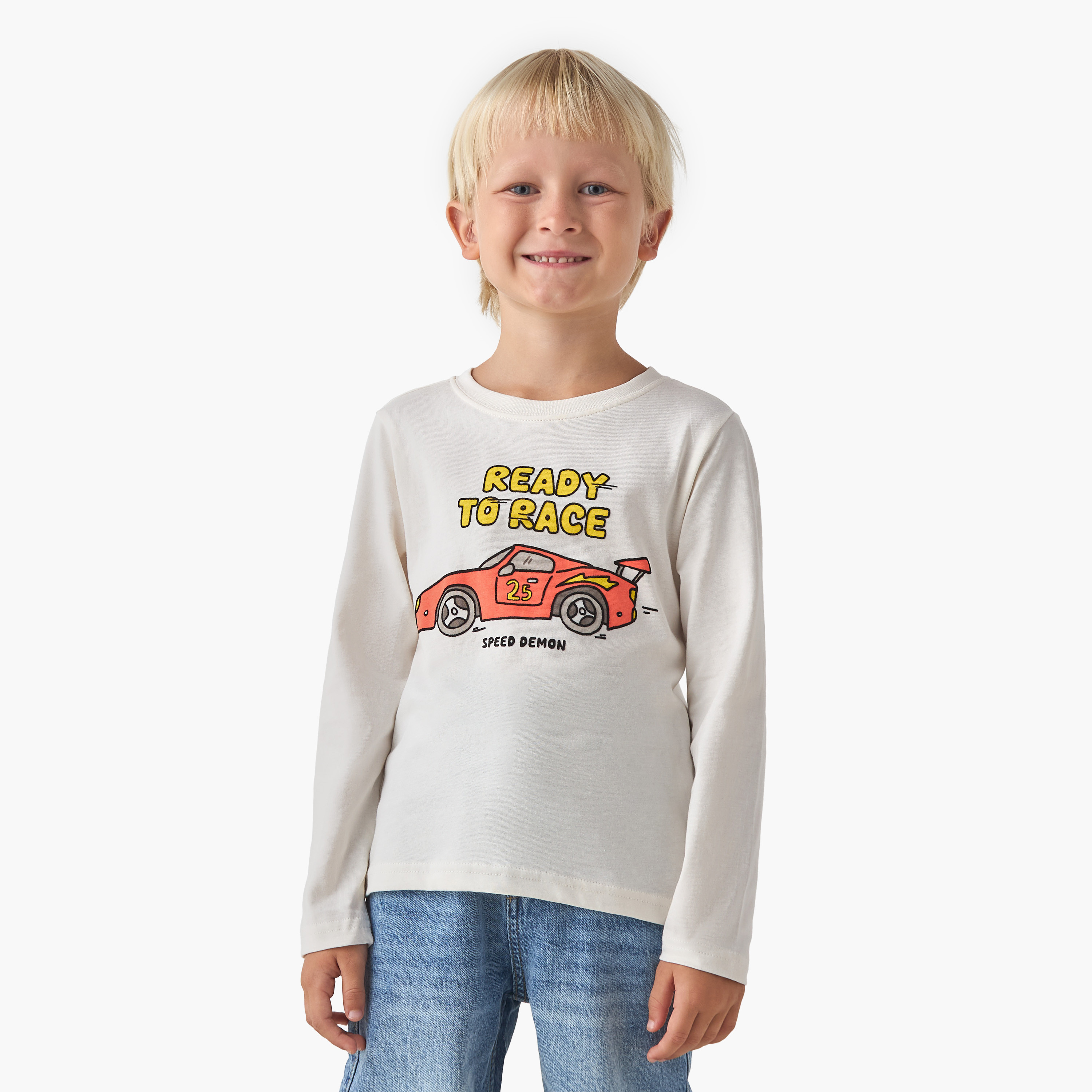 Juniors Boys Crew Neck T-shirt with Car Print - Cotton - Long Sleeves-boys-clothing-tshirtsandpolos-image-1