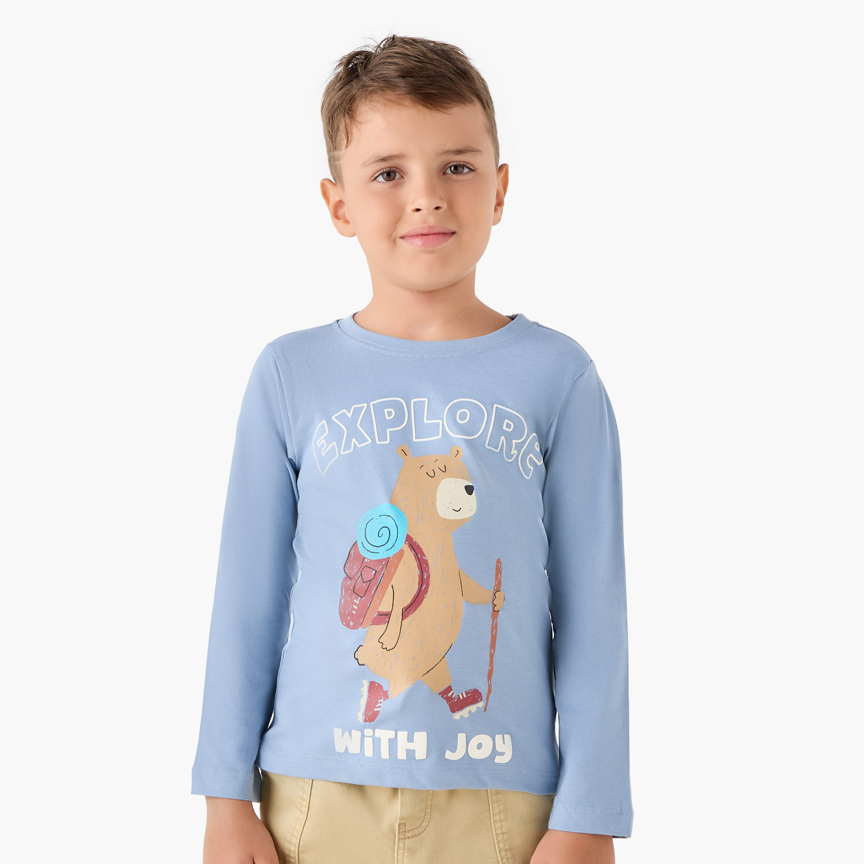 Juniors Boys Crew Neck T-shirt with Bear Print - Cotton - Long Sleeves-boys-clothing-tshirtsandpolos-image-1