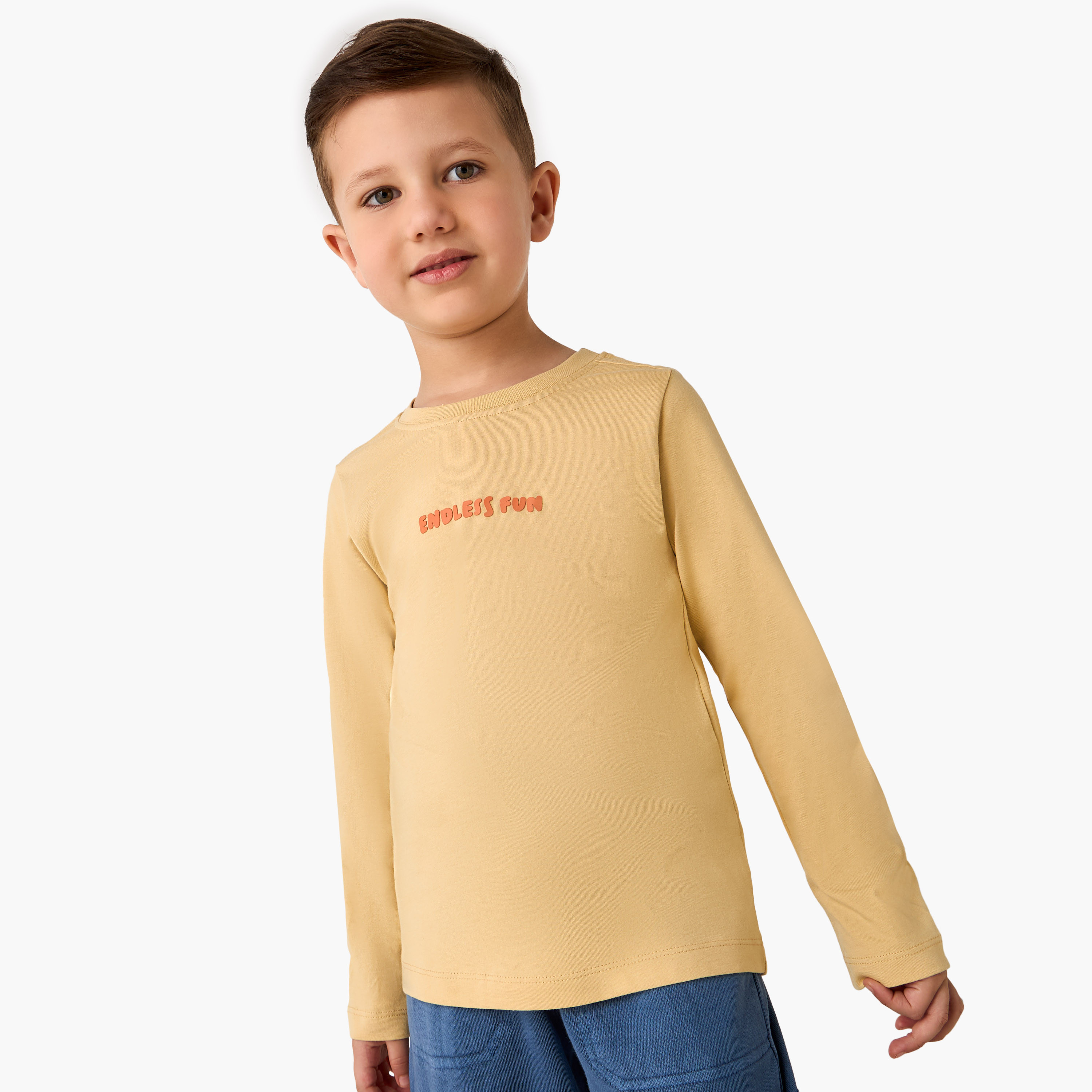 Juniors Boys Crew Neck T-shirt with Typographic Print - Cotton - Long Sleeves-boys-clothing-tshirtsandpolos-image-1